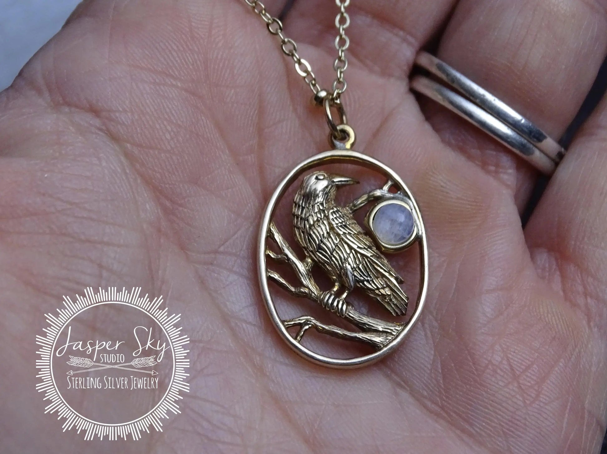 Gold Raven Necklace with Moonstone