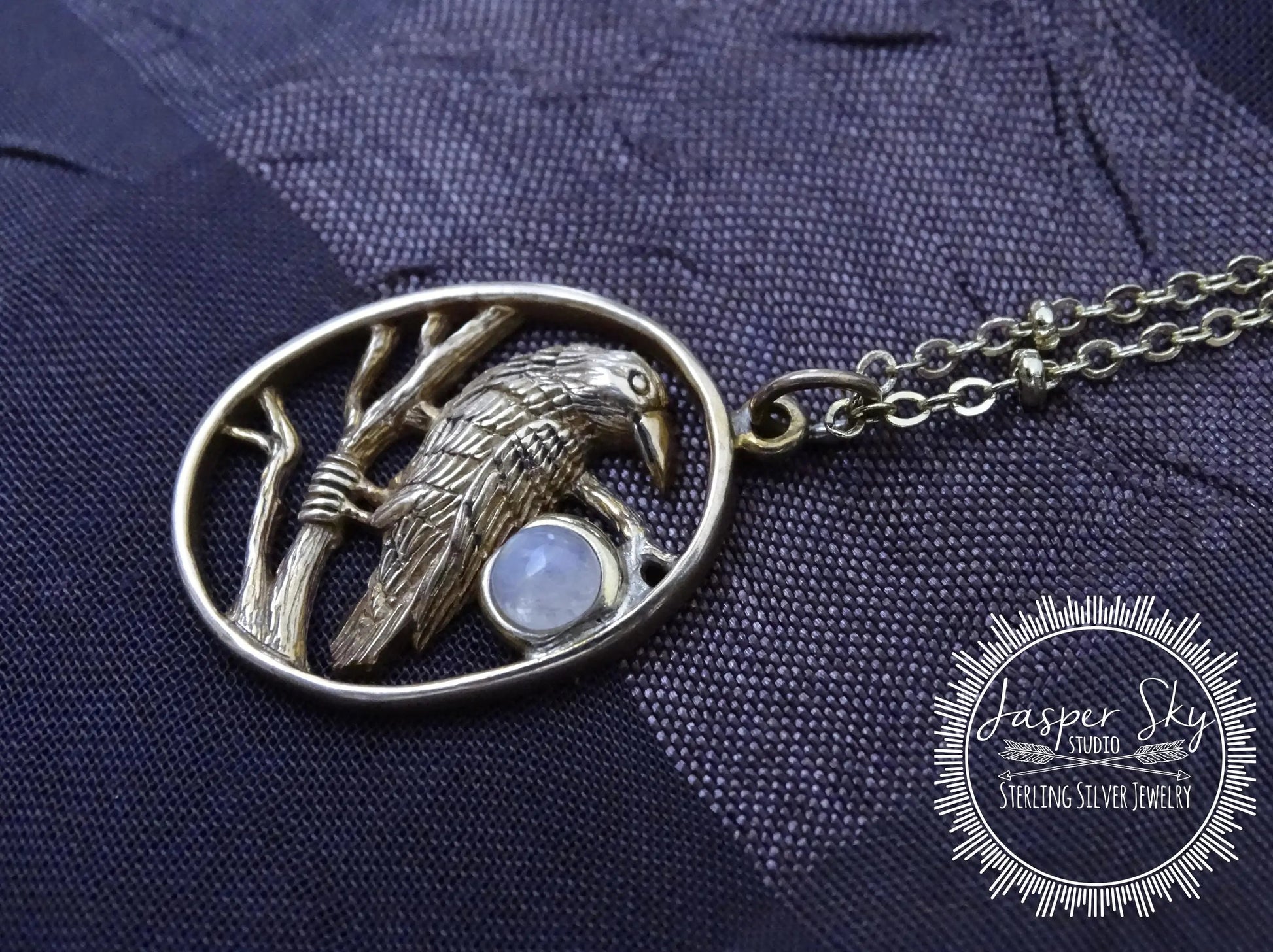 Gold Raven Necklace with Moonstone