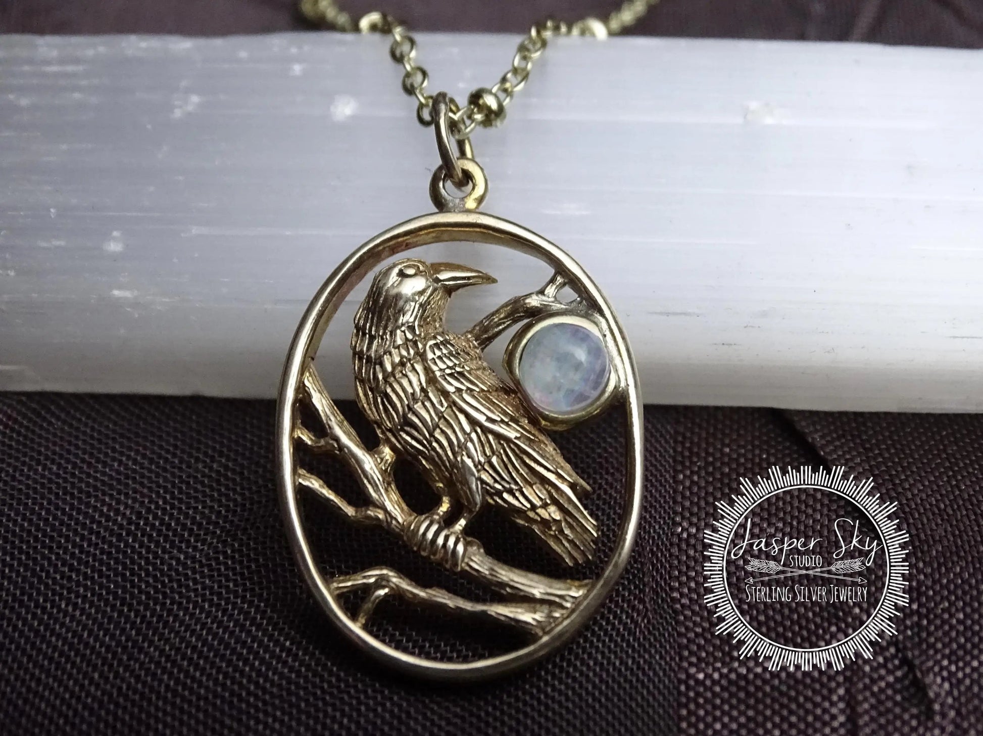 Gold Raven Necklace with Moonstone
