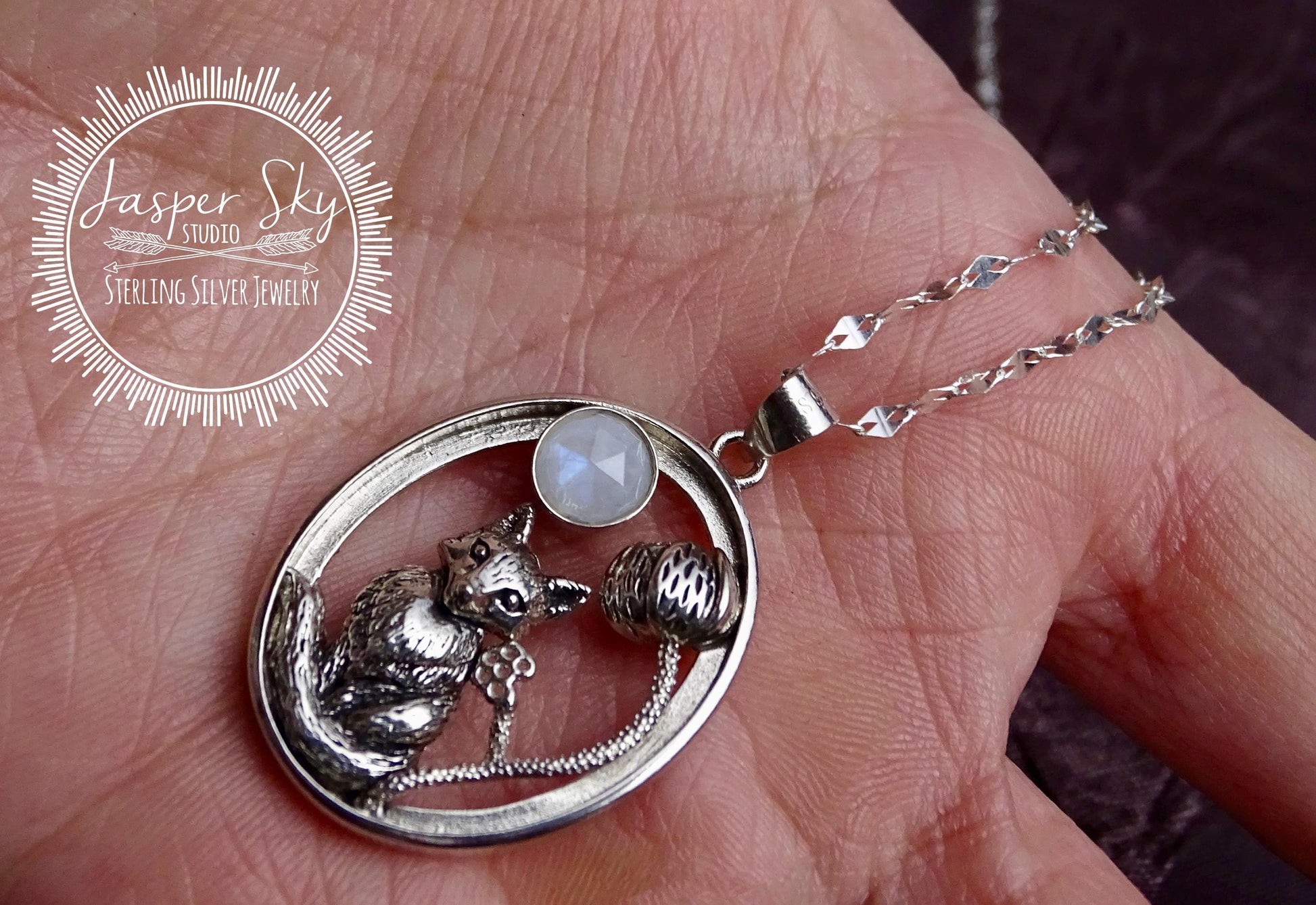 Woodland Fox Pendant, Sterling Silver with Realistic Fox, Flower & Moonstone Oval Frame