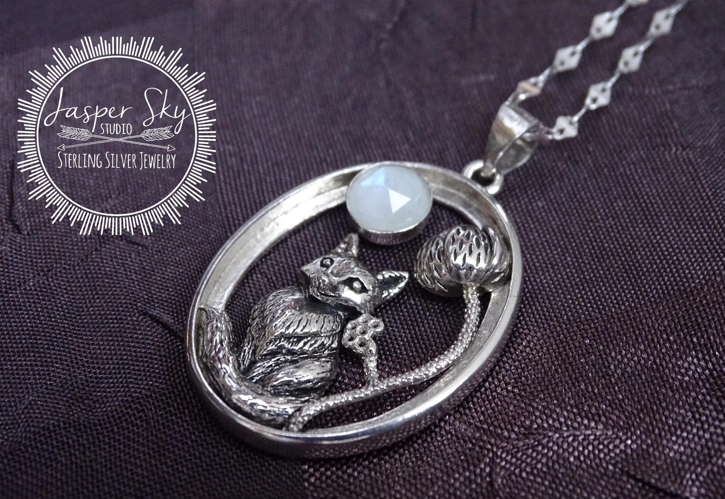 Woodland Fox Pendant, Sterling Silver with Realistic Fox, Flower & Moonstone Oval Frame