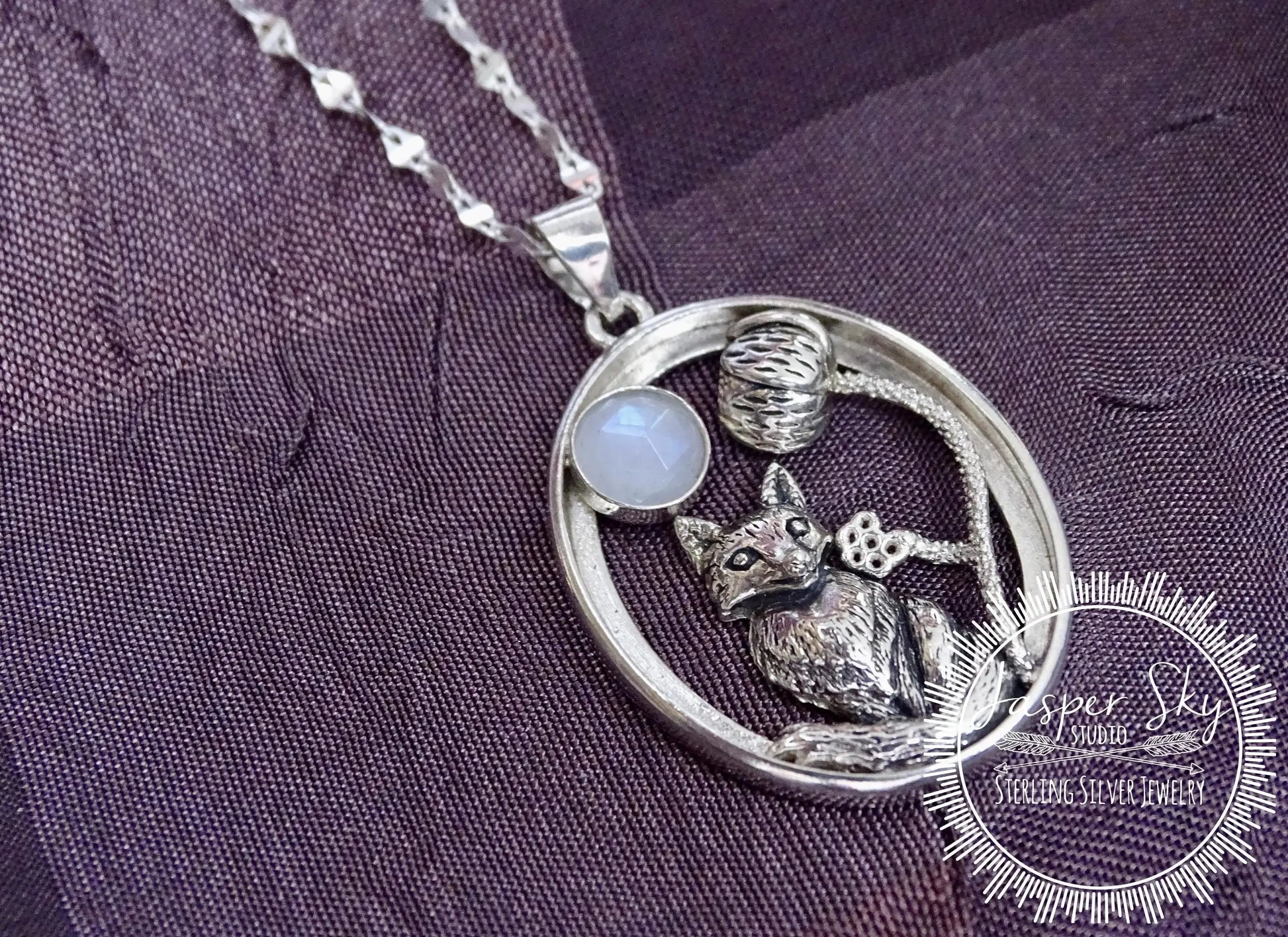 Woodland Fox Pendant, Sterling Silver with Realistic Fox, Flower & Moonstone Oval Frame