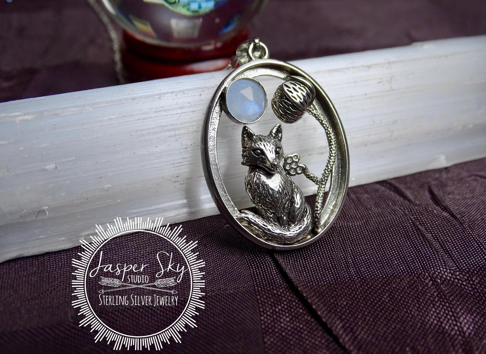 Woodland Fox Pendant, Sterling Silver with Realistic Fox, Flower & Moonstone Oval Frame