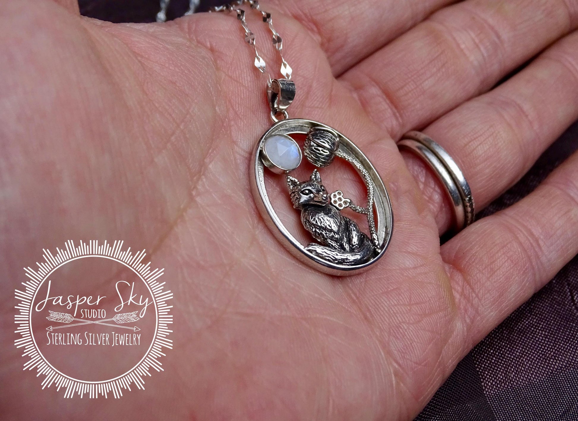Woodland Fox Pendant, Sterling Silver with Realistic Fox, Flower & Moonstone Oval Frame
