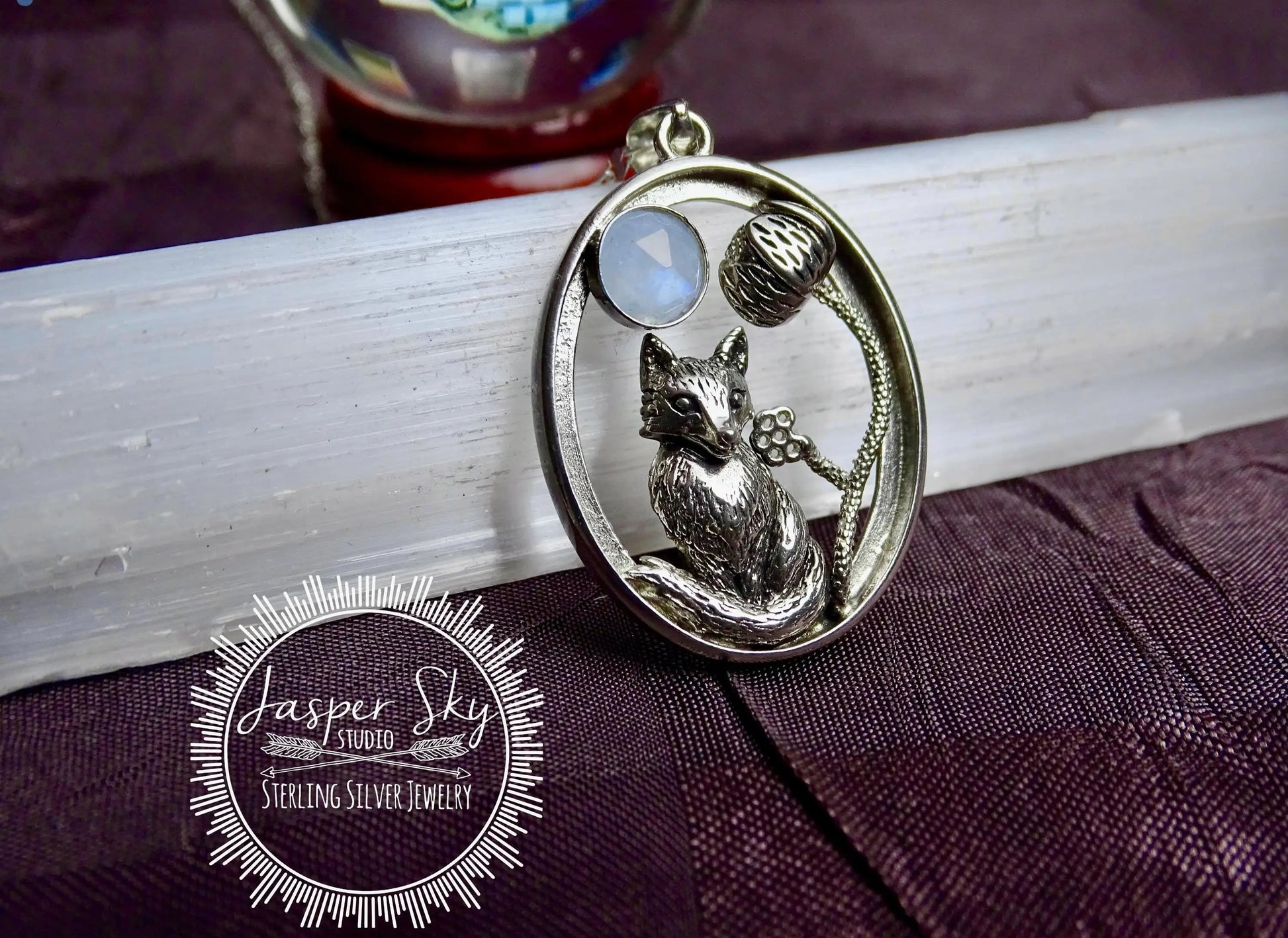 Woodland Fox Pendant, Sterling Silver with Realistic Fox, Flower & Moonstone Oval Frame