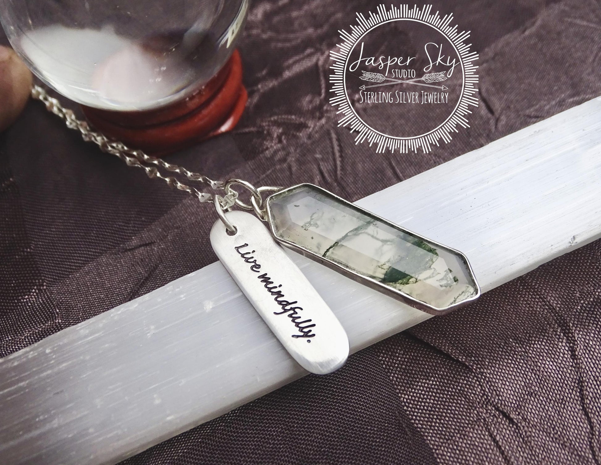 Moss Agate Pendant Hexagon, Sterling Silver Personalized “Live Mindfully” Charm Necklace