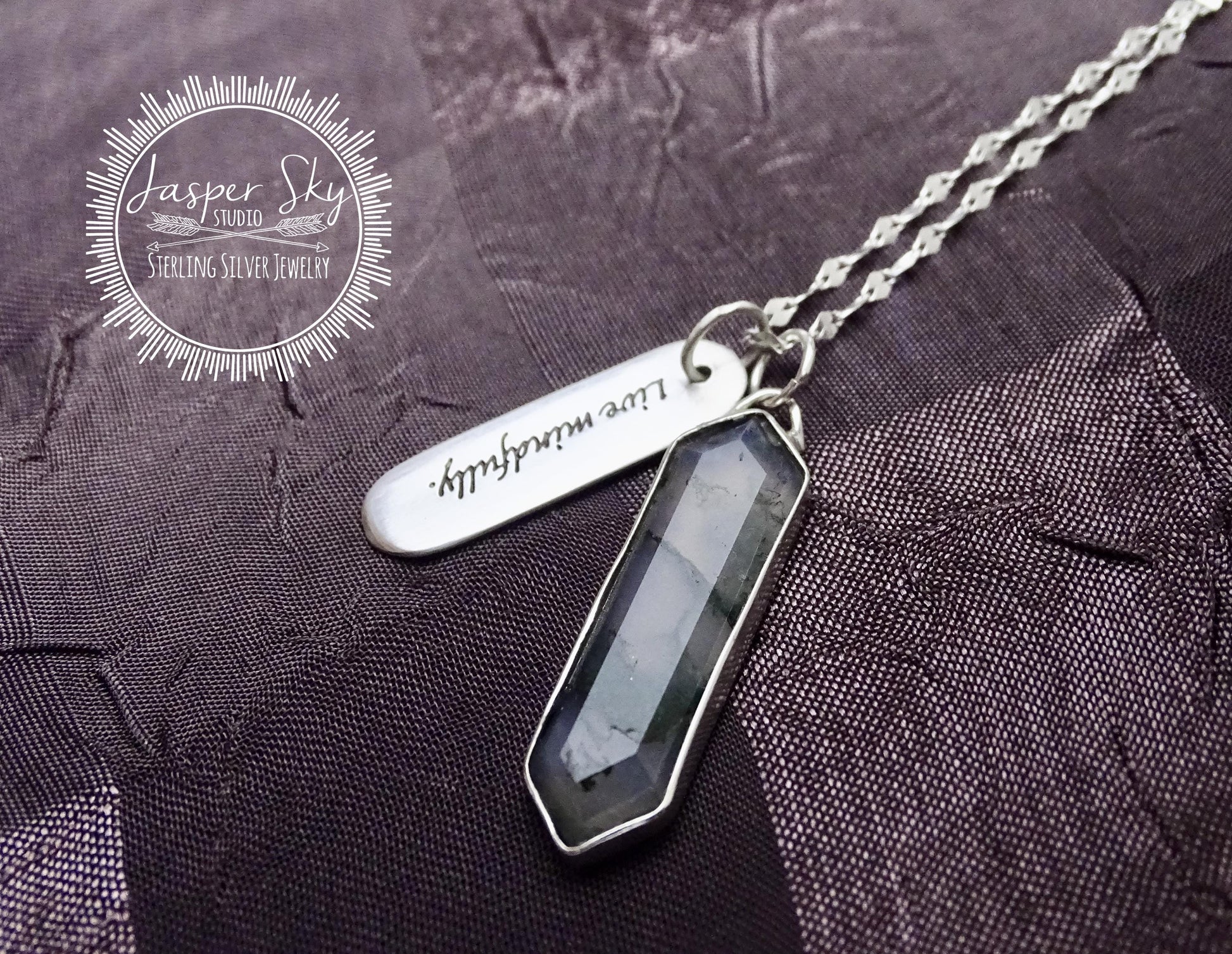 Moss Agate Pendant Hexagon, Sterling Silver Personalized “Live Mindfully” Charm Necklace