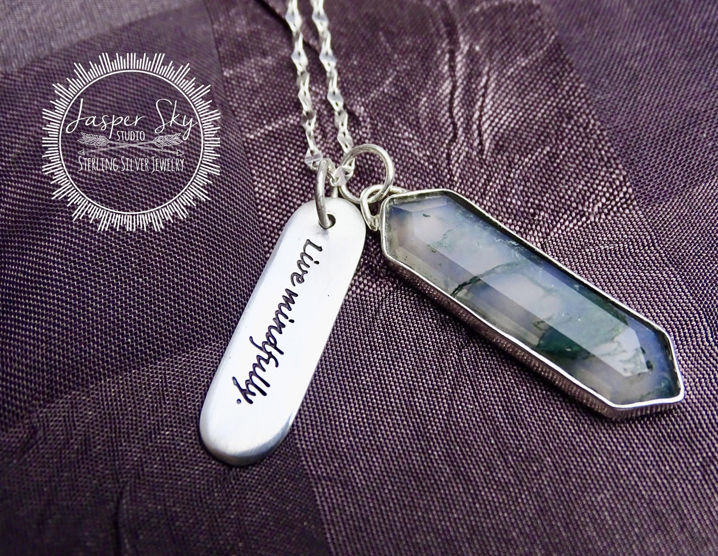 Moss Agate Pendant Hexagon, Sterling Silver Personalized “Live Mindfully” Charm Necklace