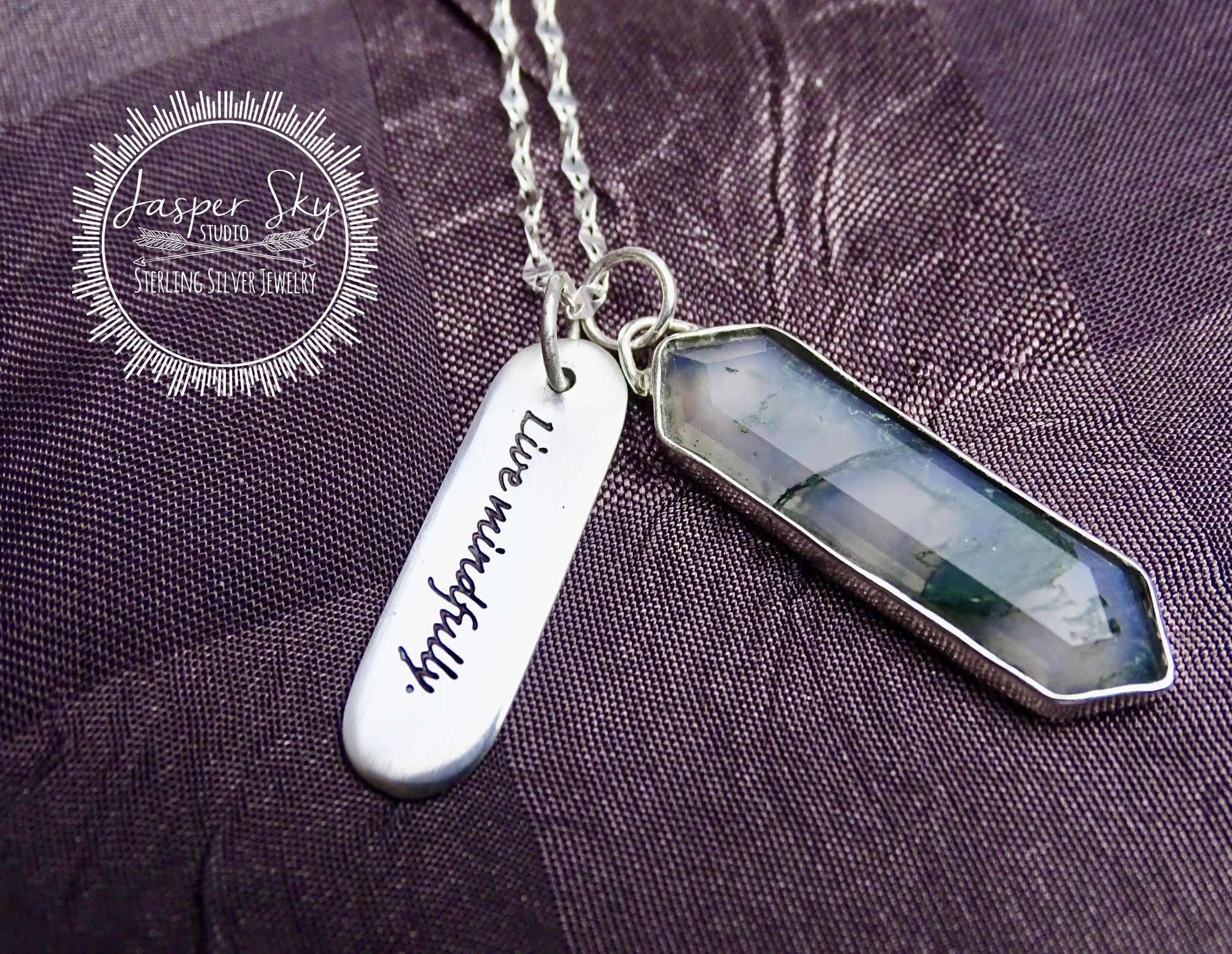 Moss Agate Pendant Hexagon, Sterling Silver Personalized “Live Mindfully” Charm Necklace