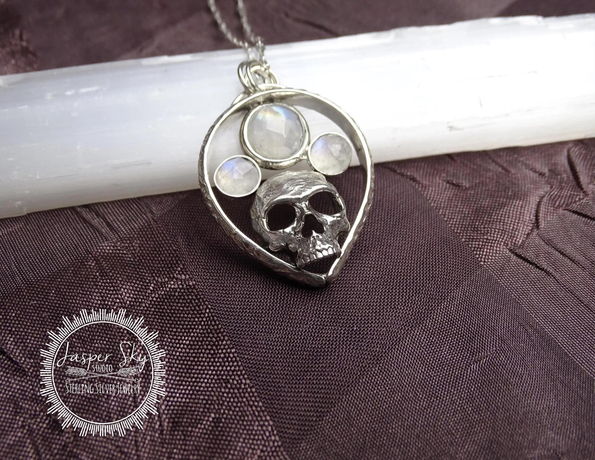 Skull Pendant in Sterling Silver with Rainbow Moonstones