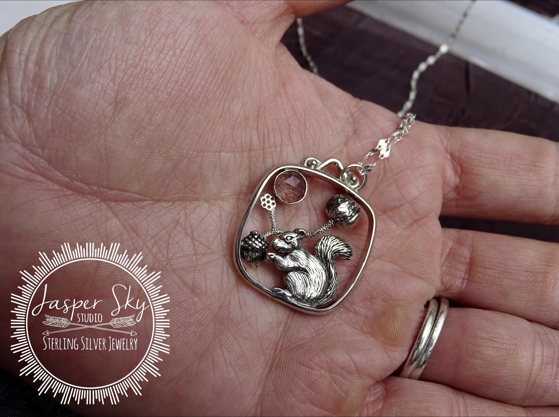 Squirrel Pendant with Flower and Acorn, Sterling Silver Nature Jewelry with Strawberry Quartz Bezel,