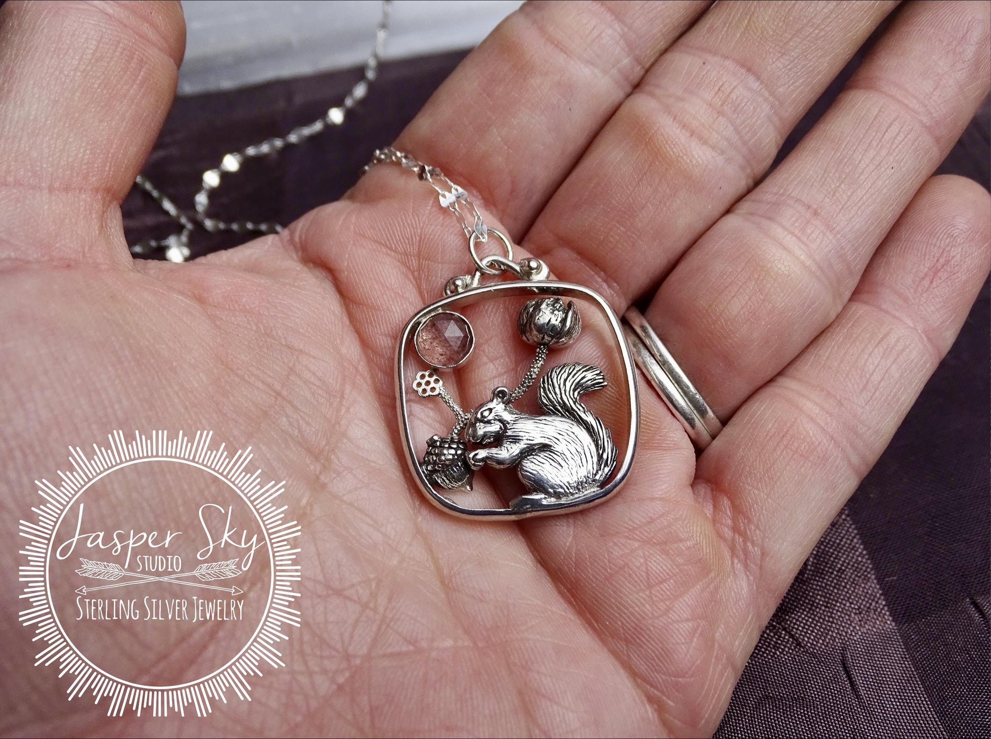 Squirrel Pendant with Flower and Acorn, Sterling Silver Nature Jewelry with Strawberry Quartz Bezel,