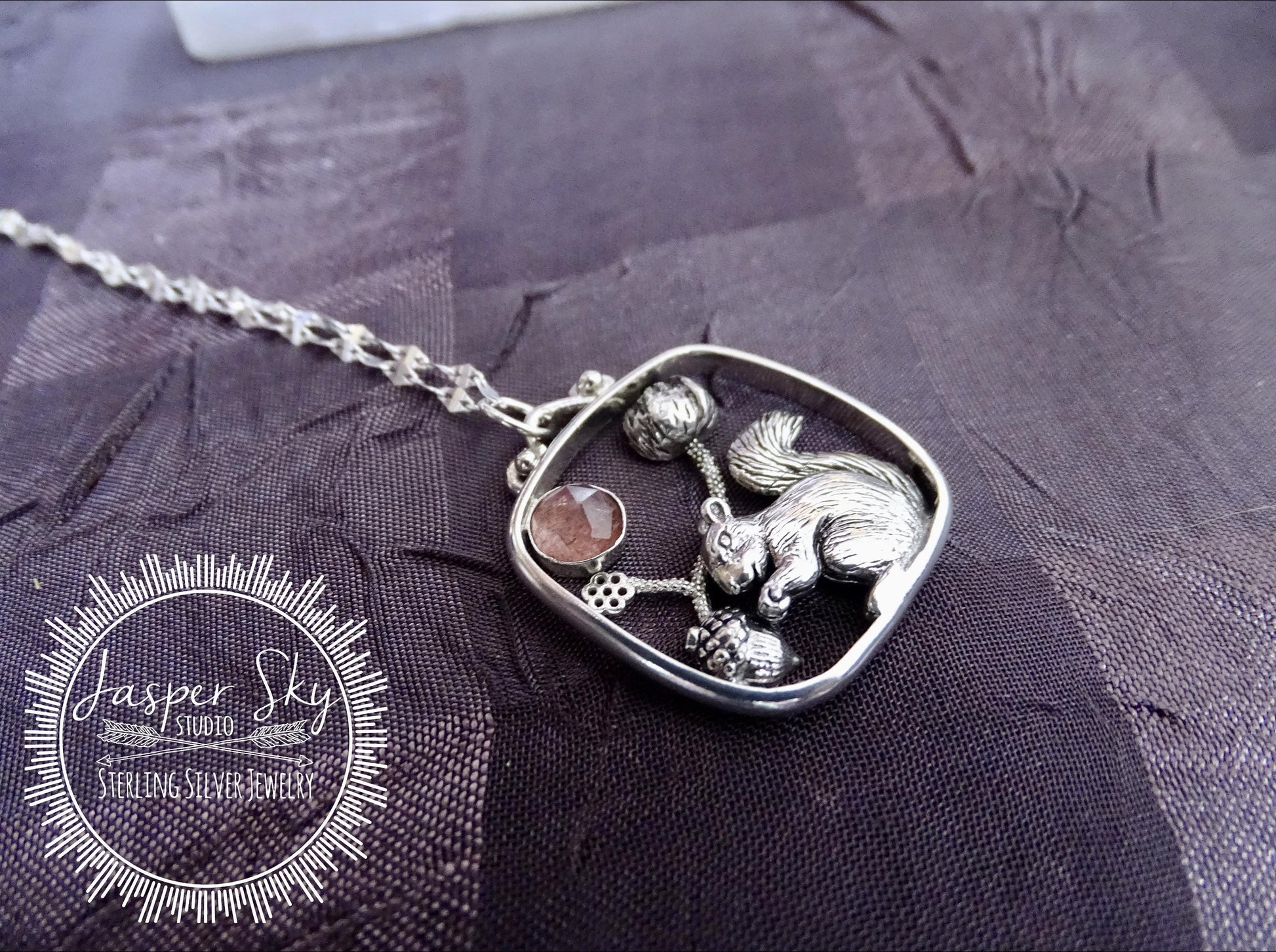 Squirrel Pendant with Flower and Acorn, Sterling Silver Nature Jewelry with Strawberry Quartz Bezel,