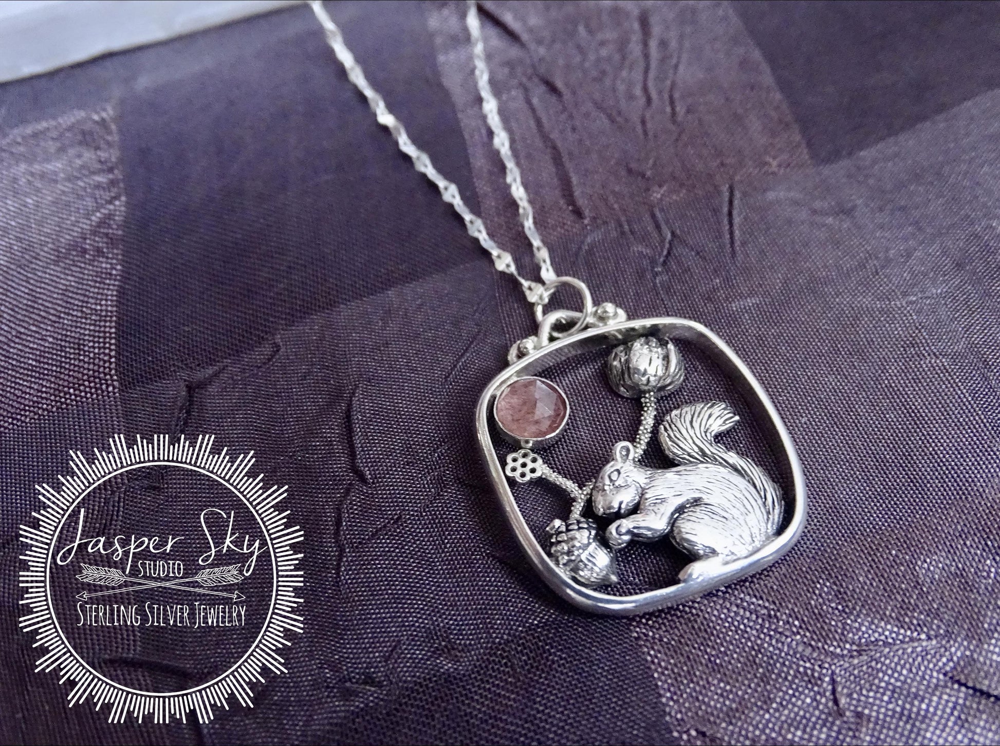 Squirrel Pendant with Flower and Acorn, Sterling Silver Nature Jewelry with Strawberry Quartz Bezel,