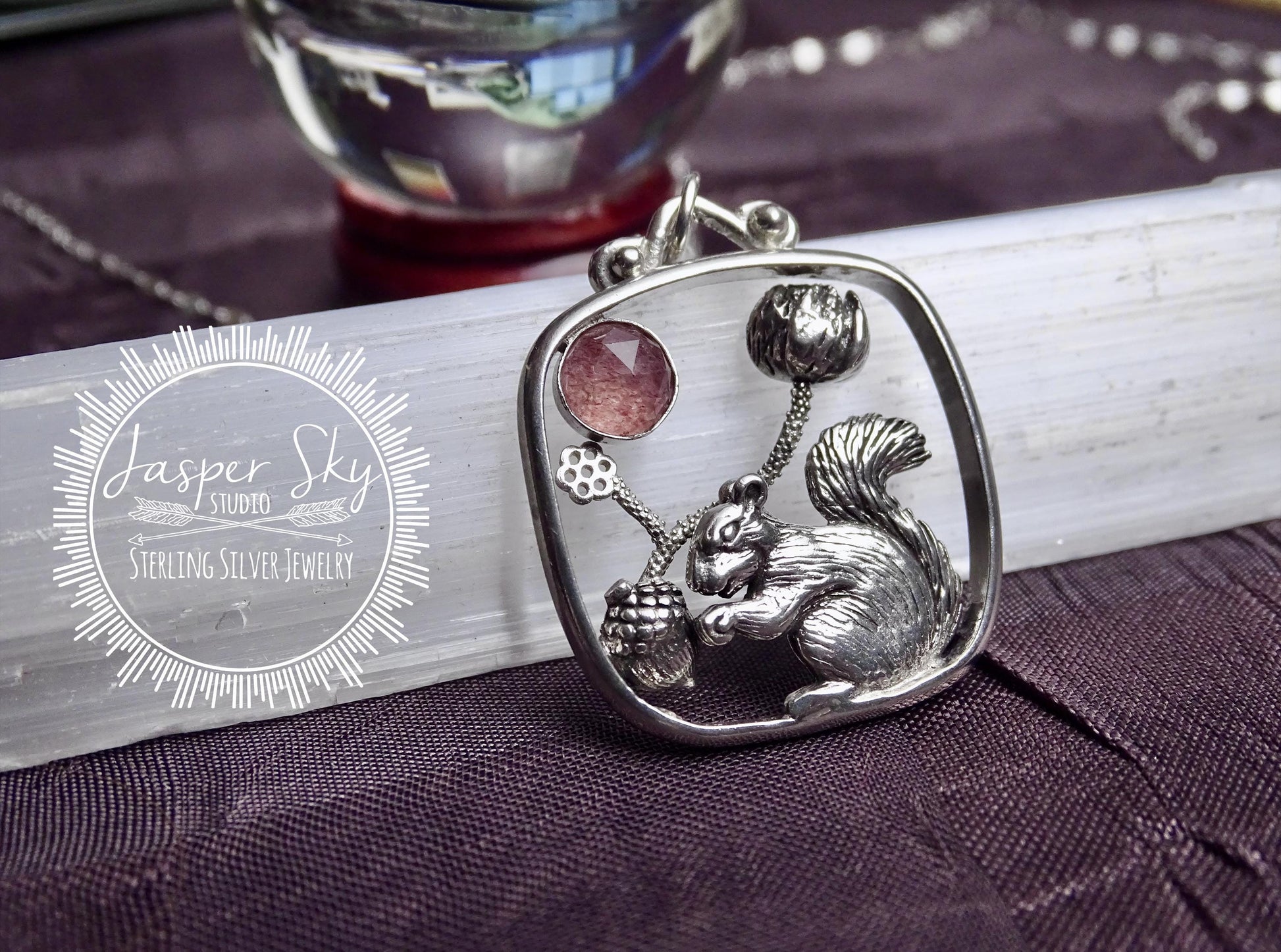 Squirrel Pendant with Flower and Acorn, Sterling Silver Nature Jewelry with Strawberry Quartz Bezel,