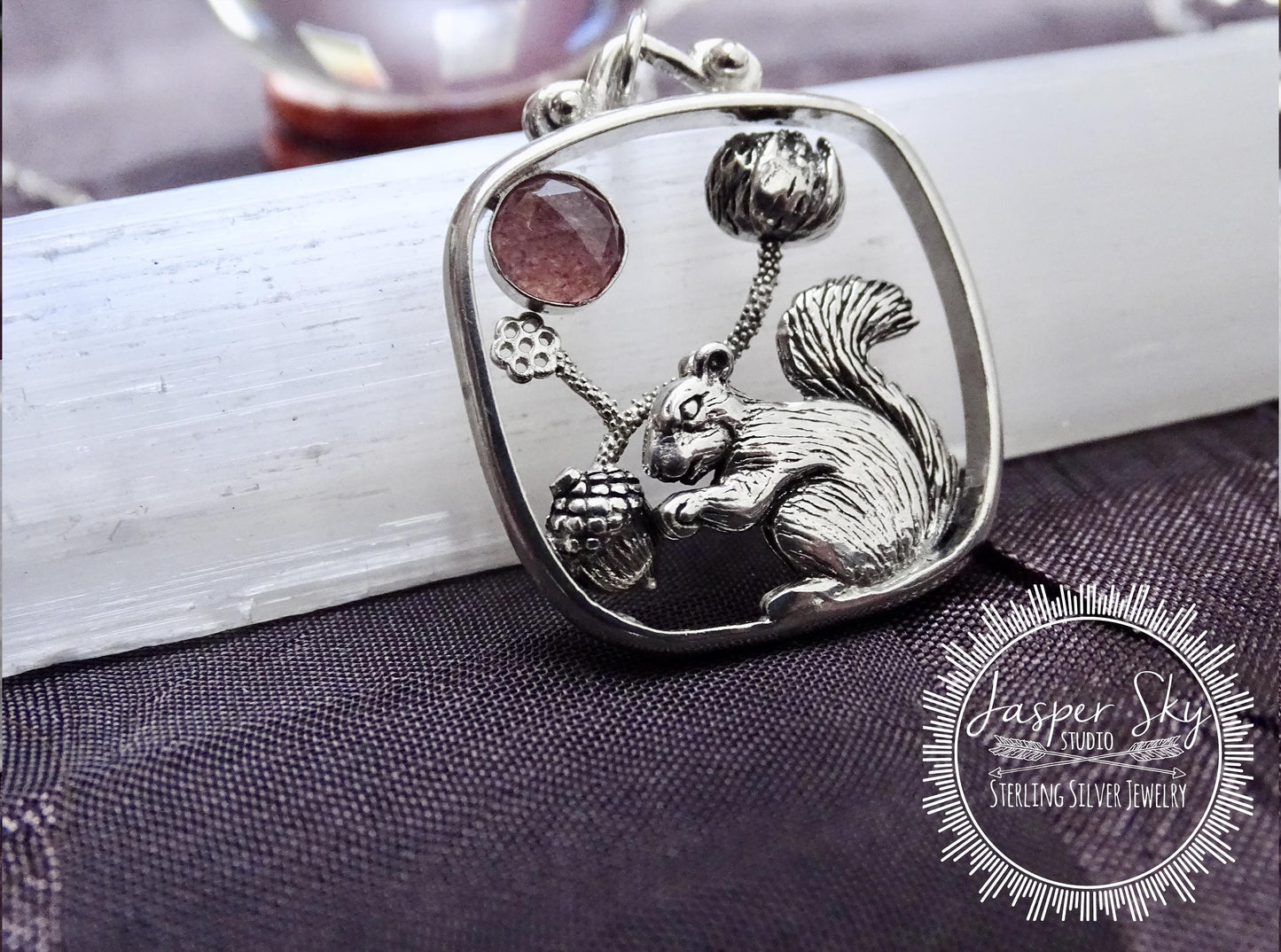 Squirrel Pendant with Flower and Acorn, Sterling Silver Nature Jewelry with Strawberry Quartz Bezel,