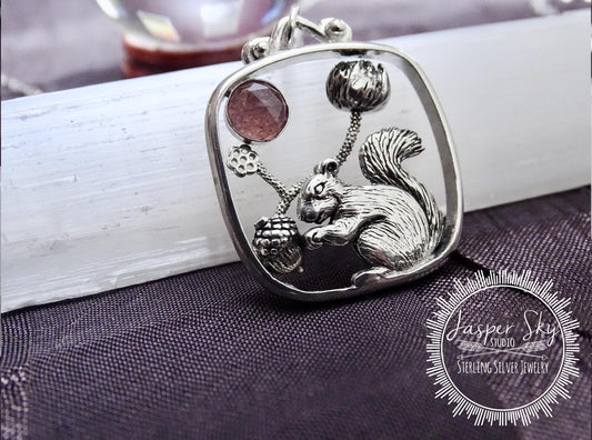 Squirrel Pendant with Flower and Acorn, Sterling Silver Nature Jewelry with Strawberry Quartz Bezel,
