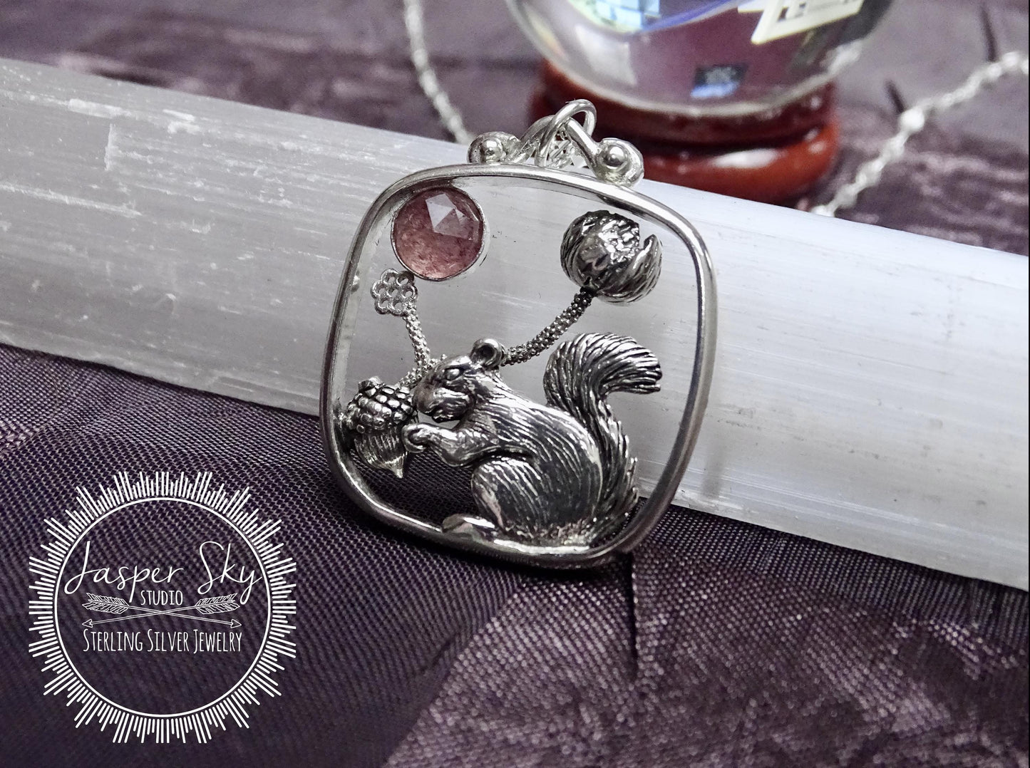 Squirrel Pendant with Flower and Acorn, Sterling Silver Nature Jewelry with Strawberry Quartz Bezel,