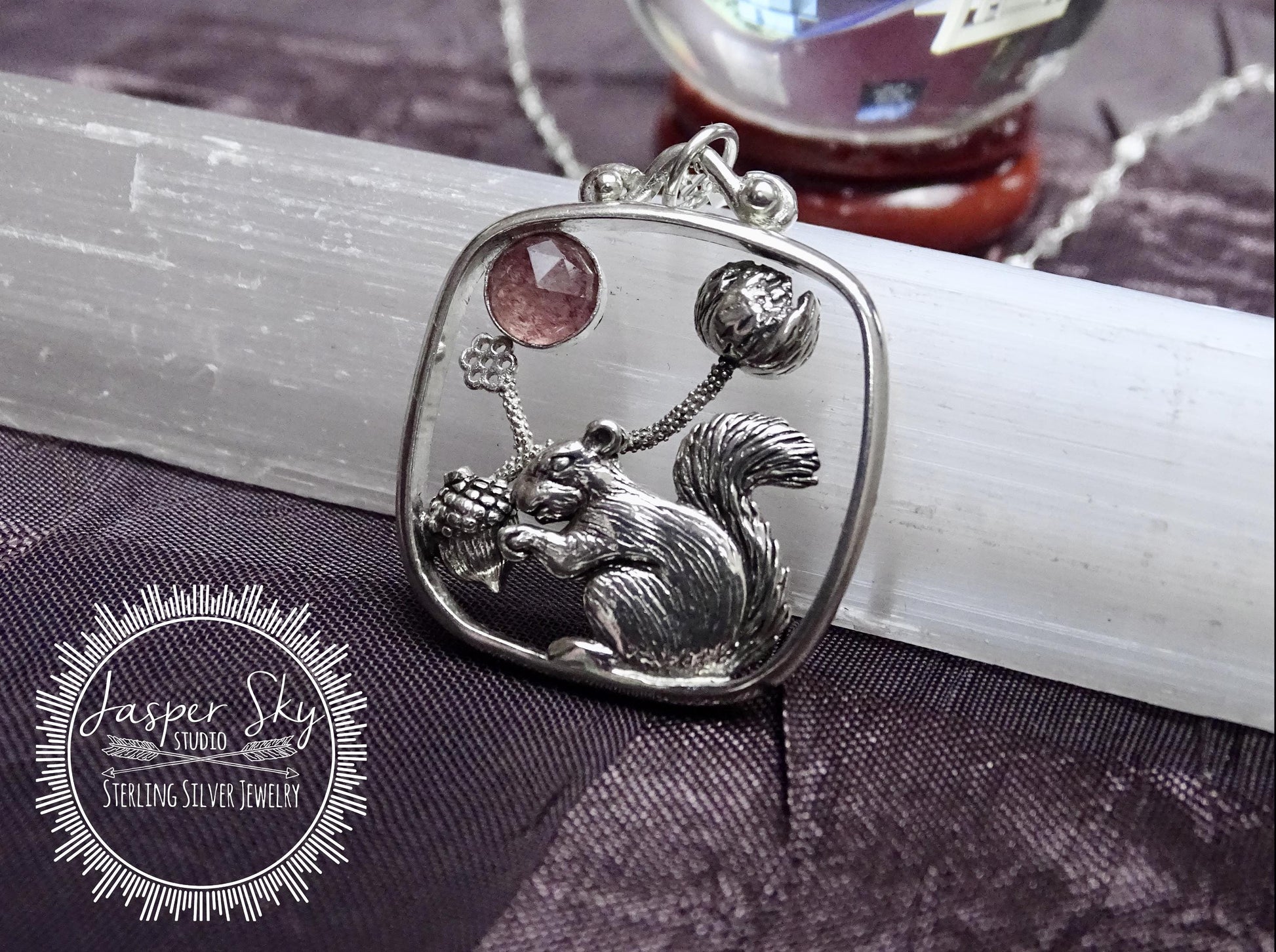 Squirrel Pendant with Flower and Acorn, Sterling Silver Nature Jewelry with Strawberry Quartz Bezel,