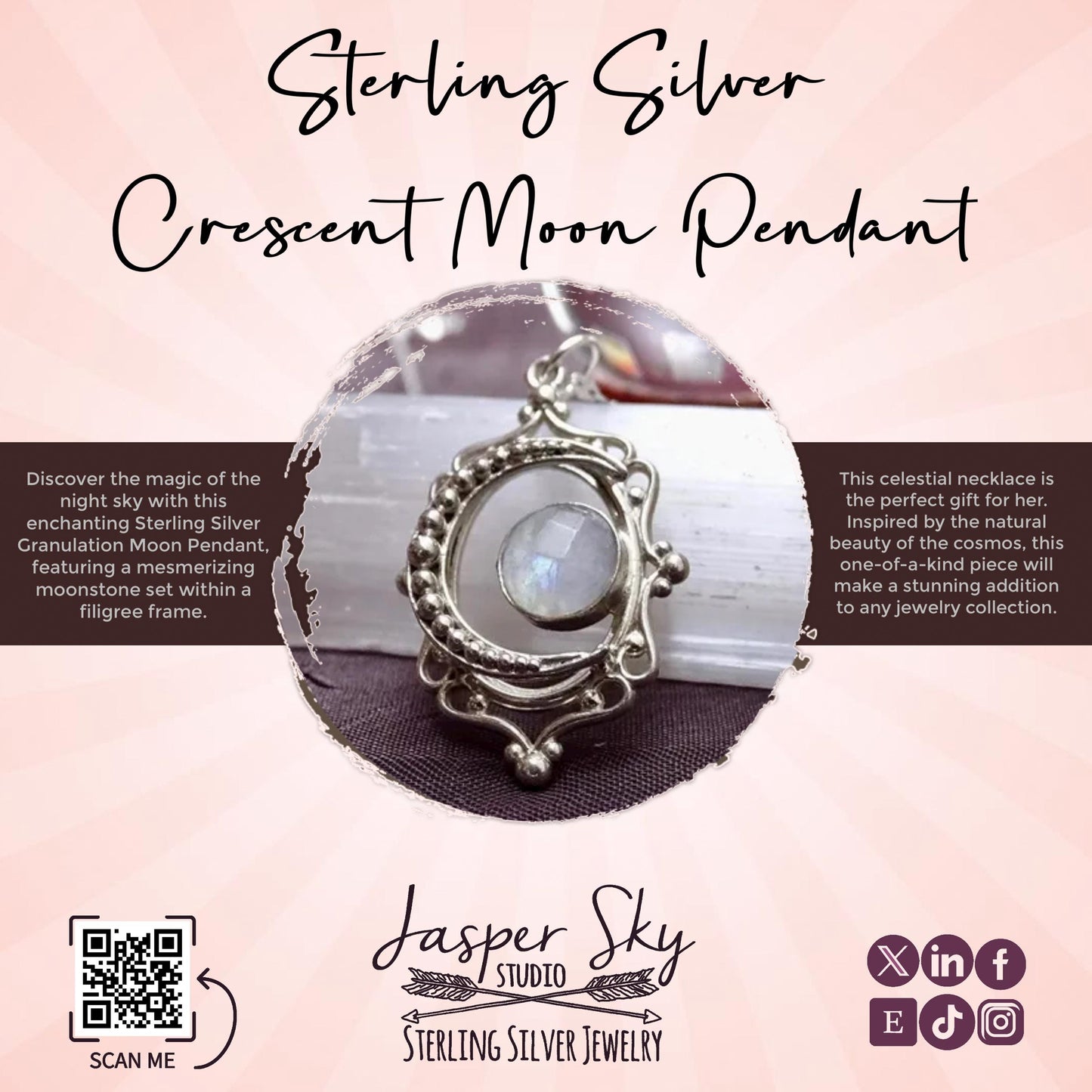 Unique Sterling Silver Moon Pendant with Moonstone and Diamond Frame - Celestial Necklace for Her   - One of a Kind Holiday Gift