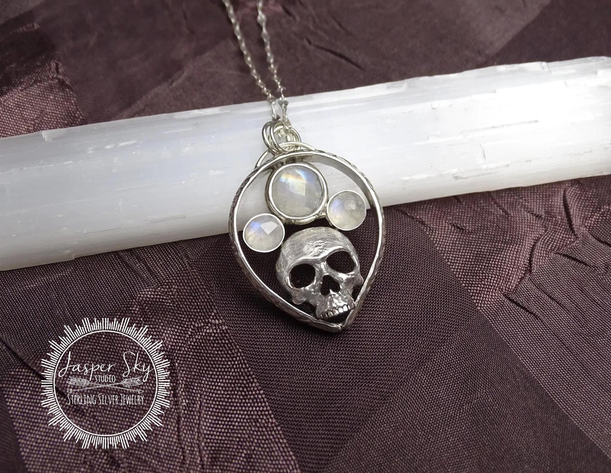 Skull Pendant in Sterling Silver with Rainbow Moonstones