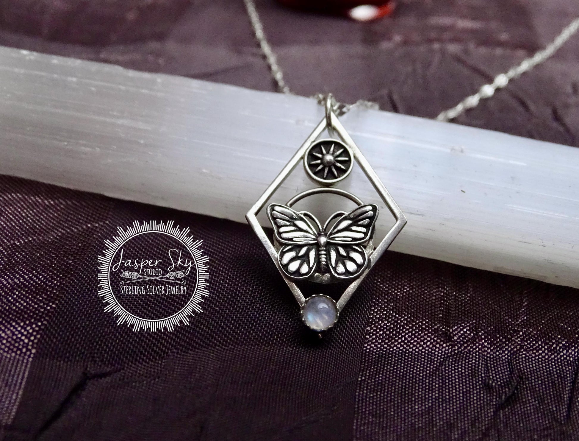 Monarch Butterfly Necklace with Sun - Sterling silver, Moonstone