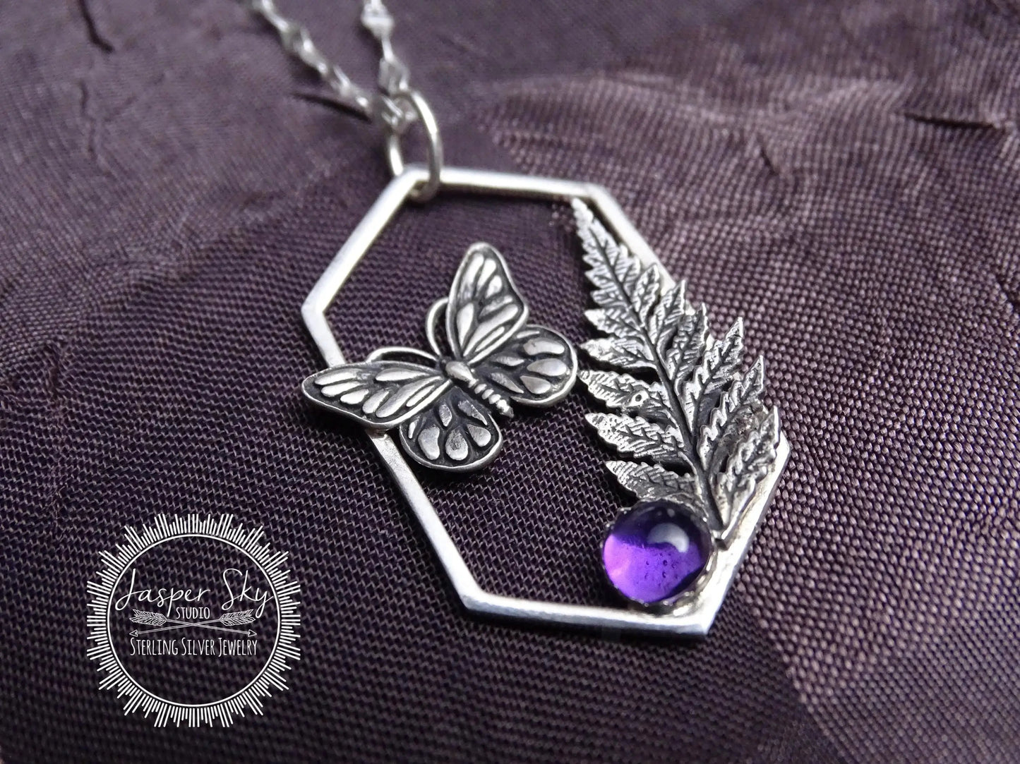 Butterfly Pendant, Monarch and Fern Leaf Design with Amethyst