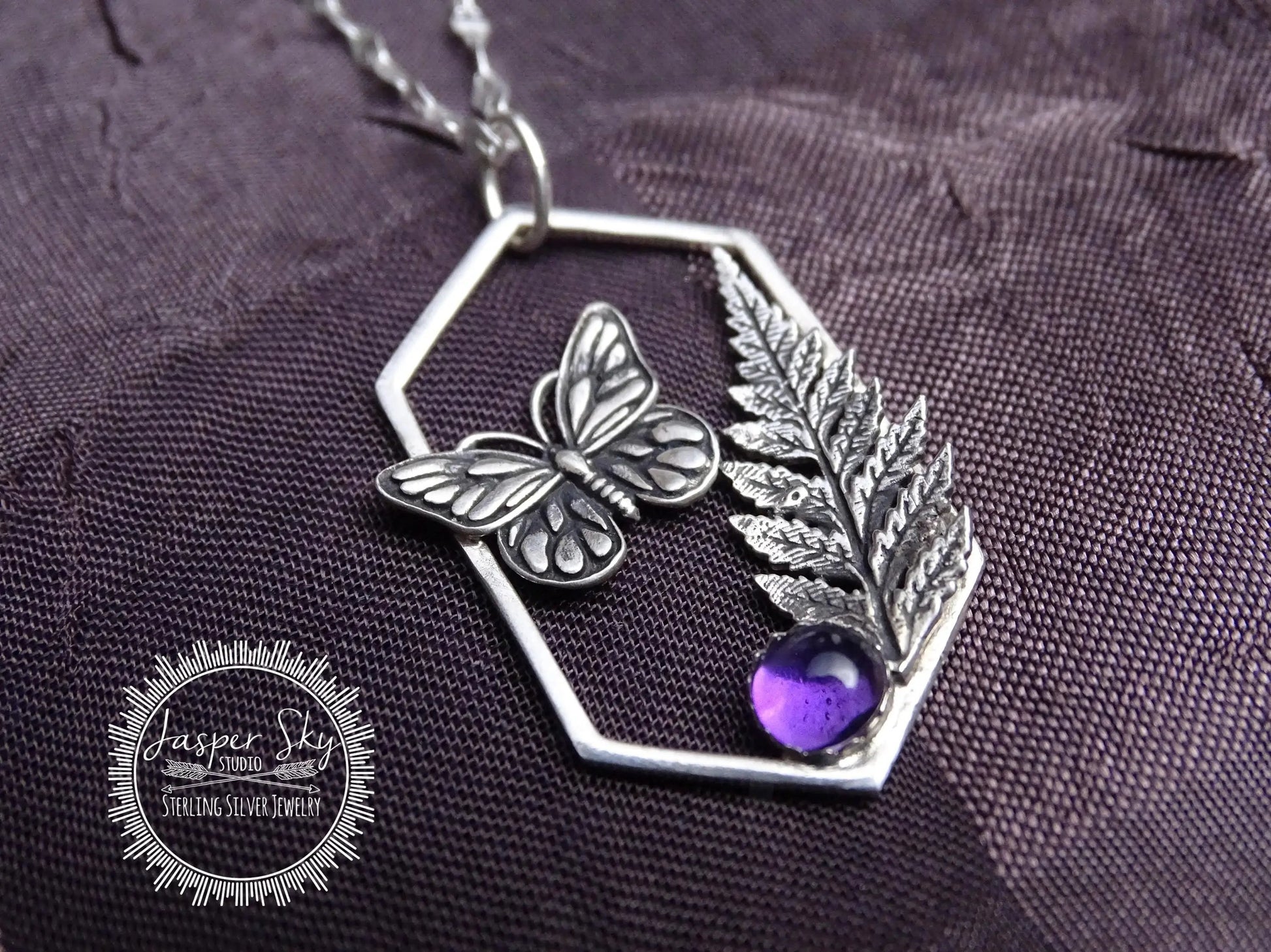 Butterfly Pendant, Monarch and Fern Leaf Design with Amethyst
