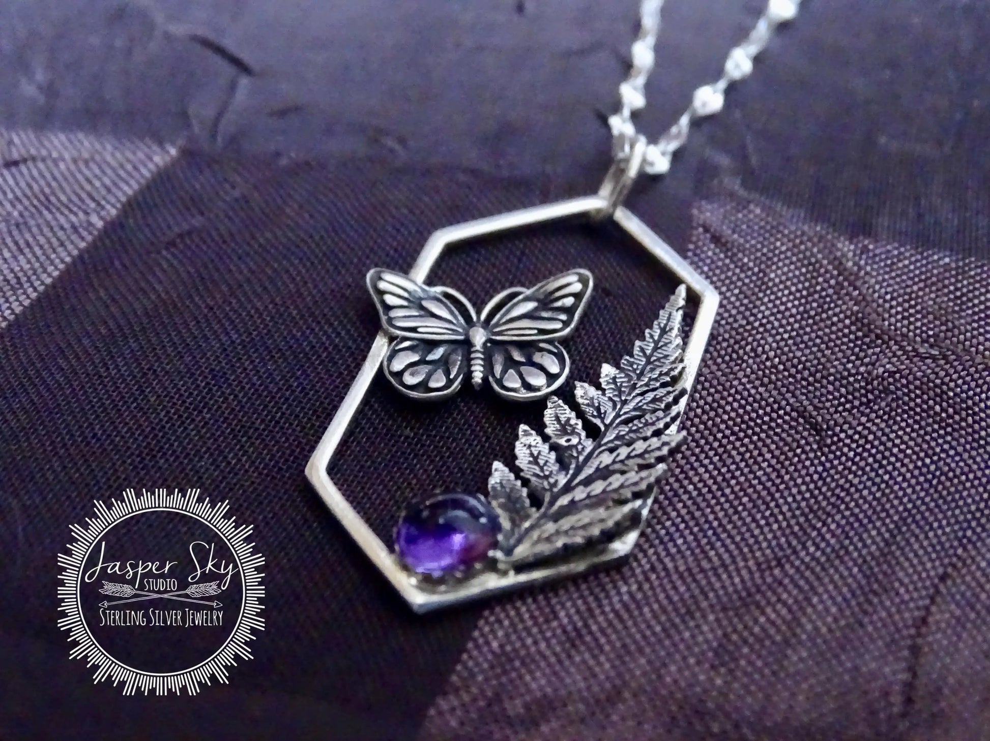 Butterfly Pendant, Monarch and Fern Leaf Design with Amethyst