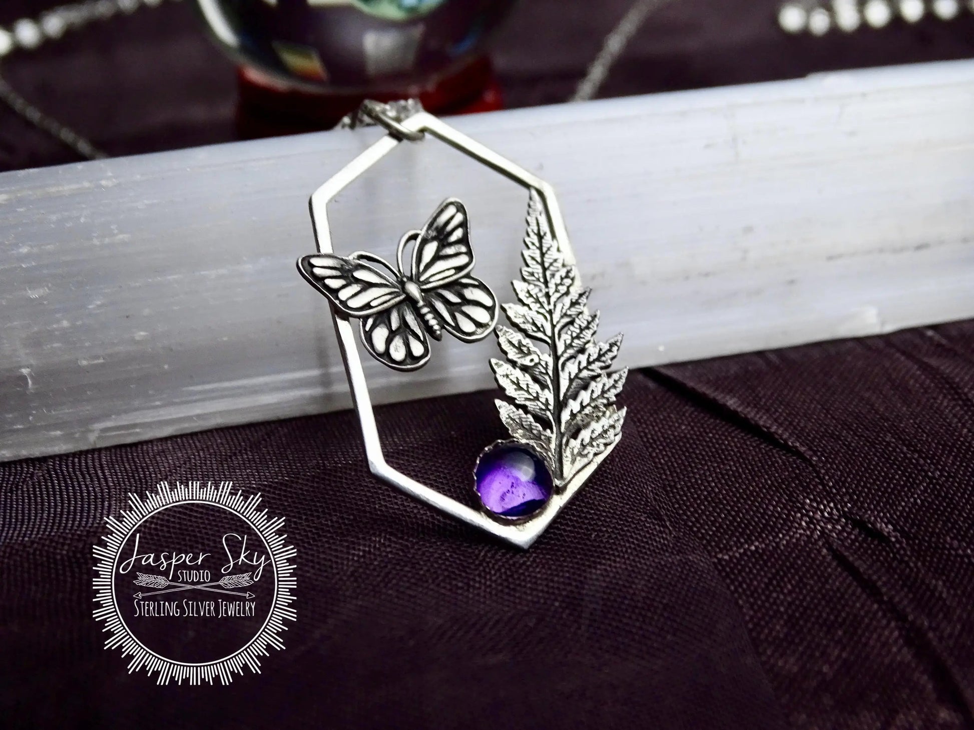 Butterfly Pendant, Monarch and Fern Leaf Design with Amethyst