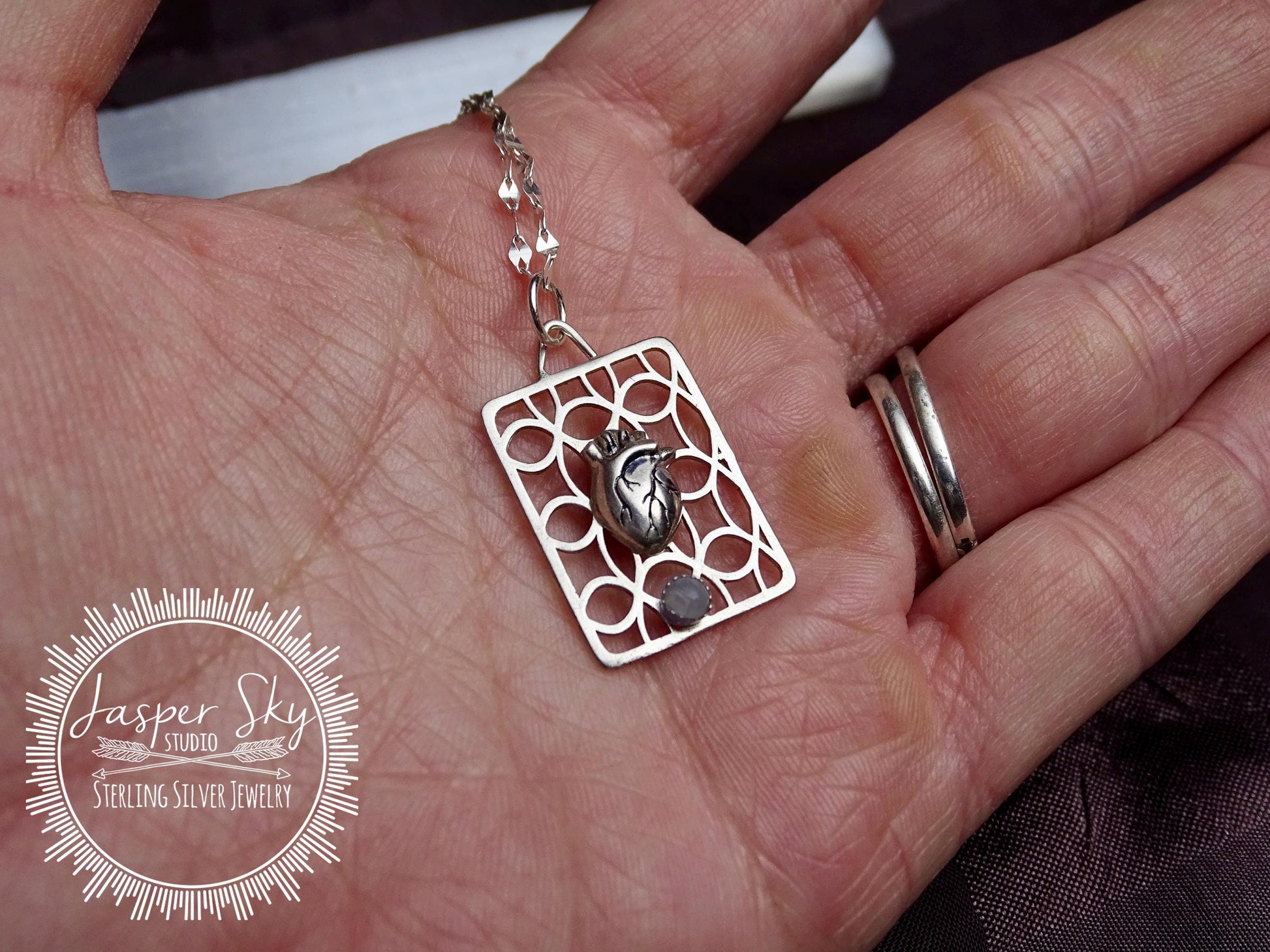 Heart Pendant Sterling Silver Handmade, Realistic Anatomical Heart with Moonstone, Unique Jewelry for Everyday Wear, Perfect Gift for Her
