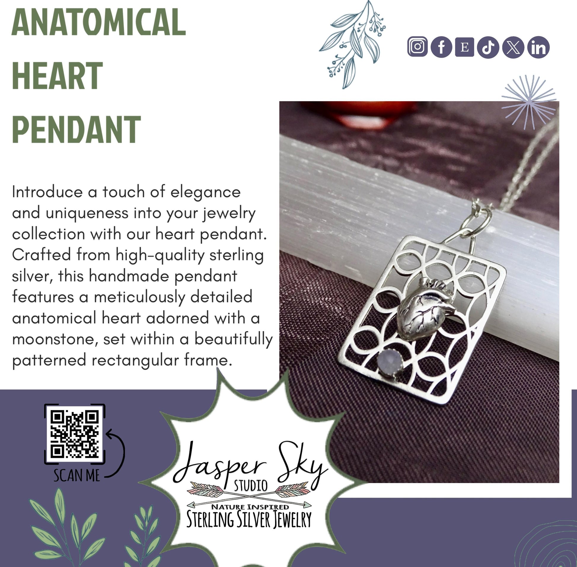Heart Pendant Sterling Silver Handmade, Realistic Anatomical Heart with Moonstone, Unique Jewelry for Everyday Wear, Perfect Gift for Her
