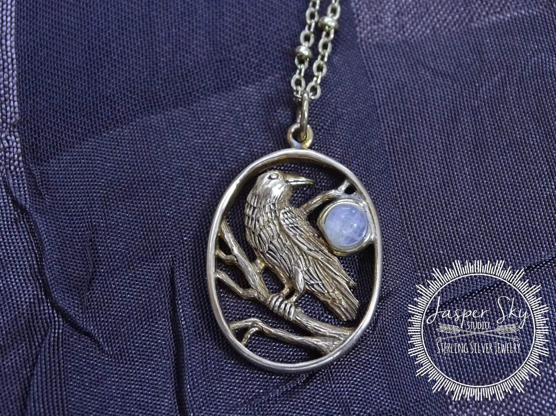Gold Raven Necklace with Moonstone