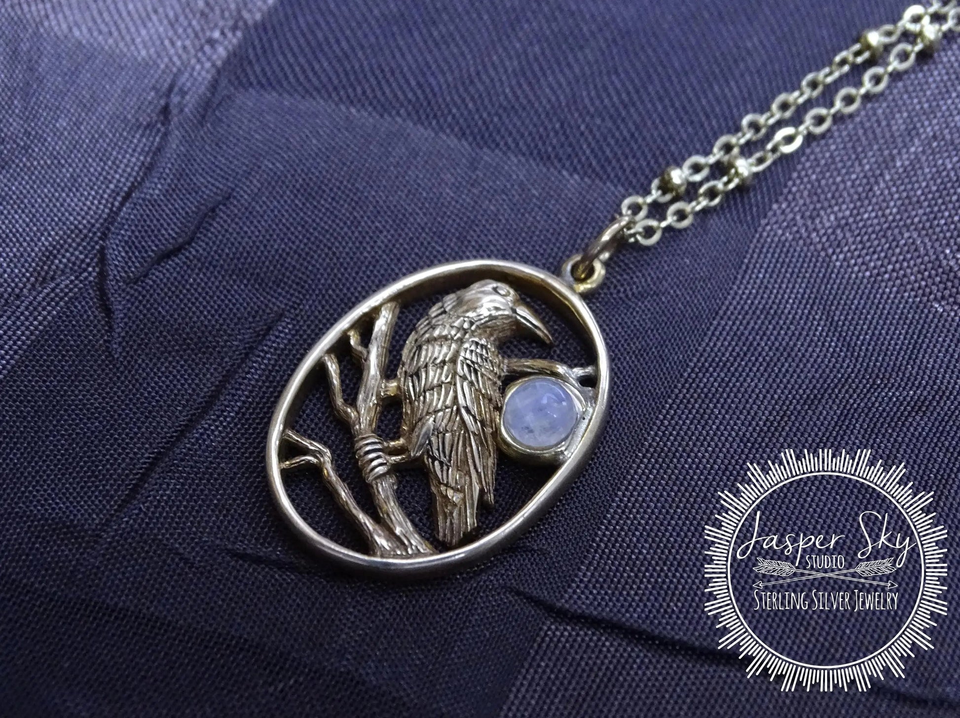 Gold Raven Necklace with Moonstone