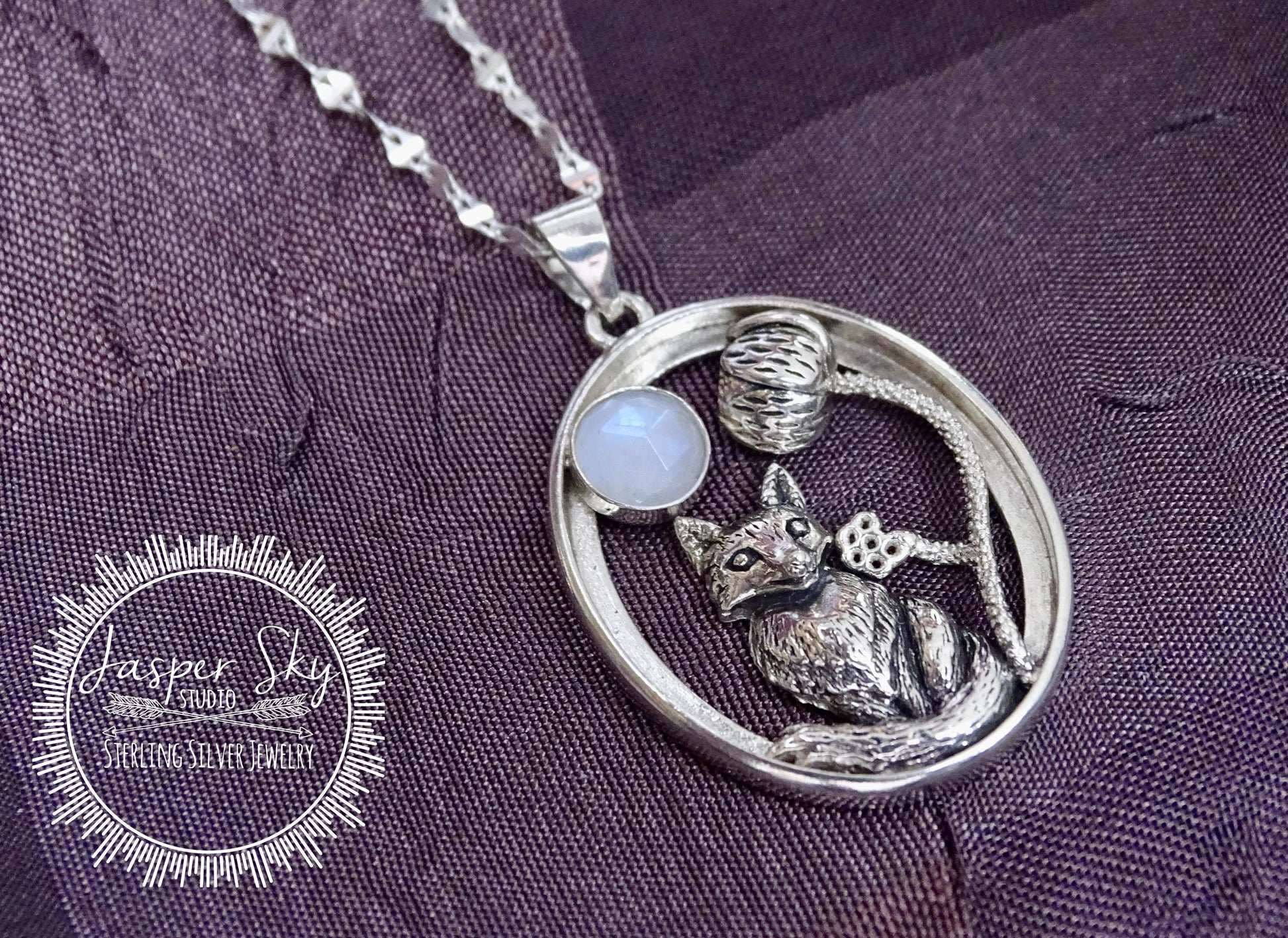 Woodland Fox Pendant, Sterling Silver with Realistic Fox, Flower & Moonstone Oval Frame