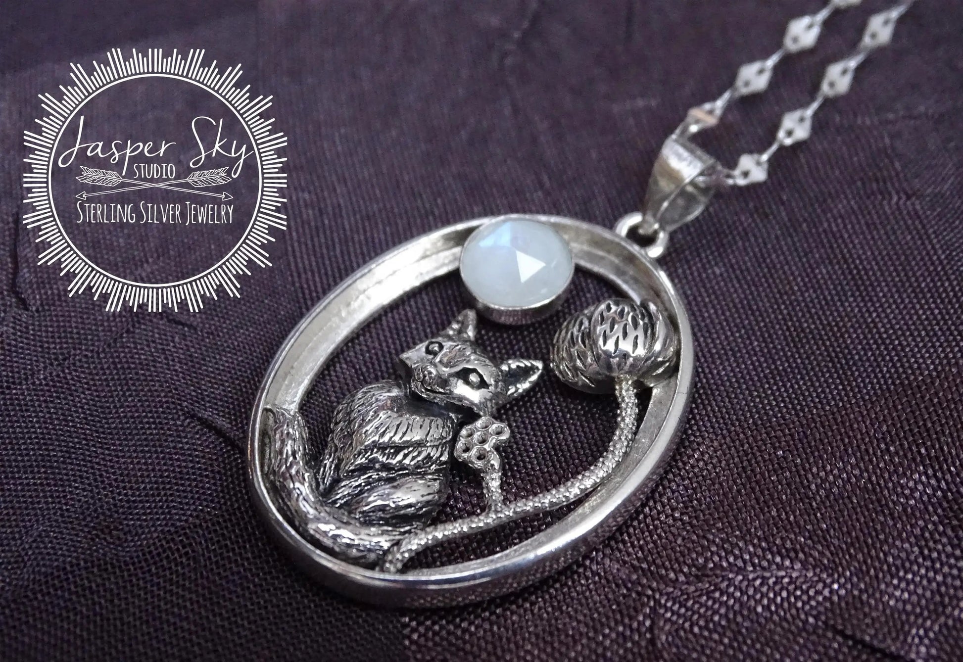 Woodland Fox Pendant, Sterling Silver with Realistic Fox, Flower & Moonstone Oval Frame