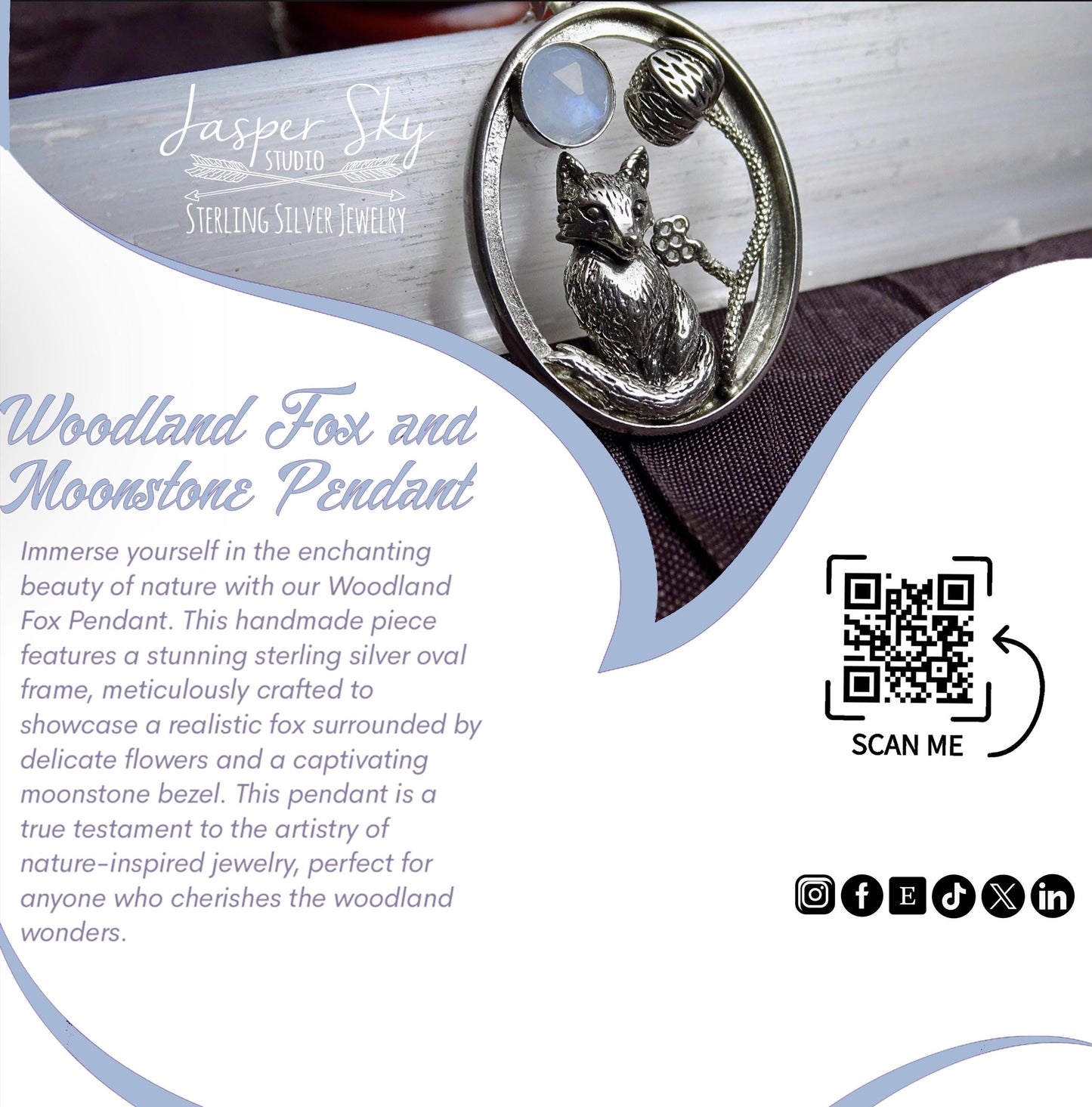 Woodland Fox Pendant, Sterling Silver with Realistic Fox, Flower & Moonstone Oval Frame