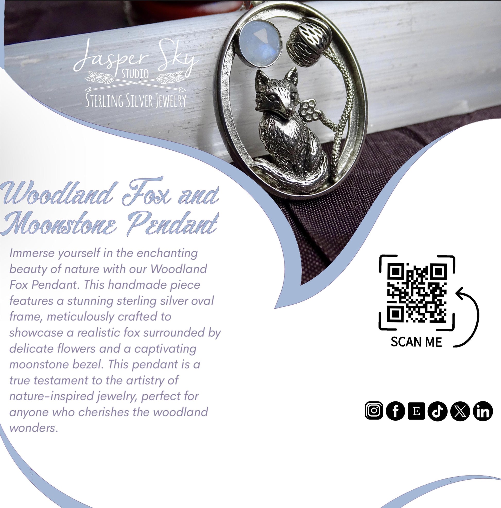 Woodland Fox Pendant, Sterling Silver with Realistic Fox, Flower & Moonstone Oval Frame
