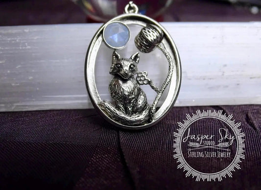 Woodland Fox Pendant, Sterling Silver with Realistic Fox, Flower & Moonstone Oval Frame