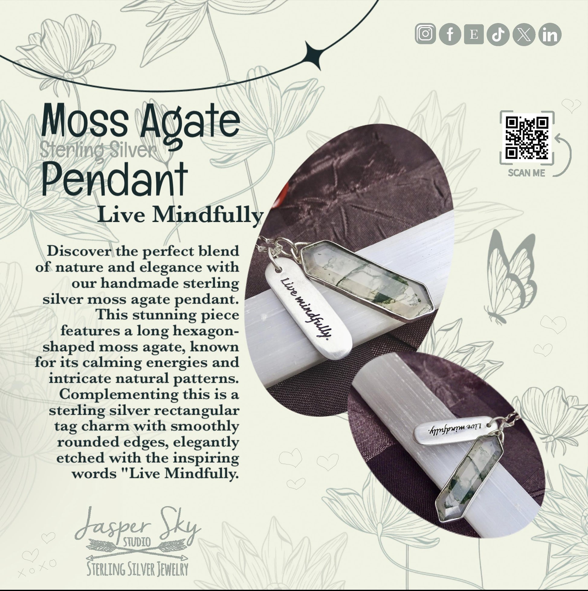 Moss Agate Pendant Hexagon, Sterling Silver Personalized Handcrafted Moss Agate Necklace - Silver Long Hexagon with &quot;Follow Your Bliss&quot; Tag - Meaningful Gift “Live Mindfully” Charm Necklace