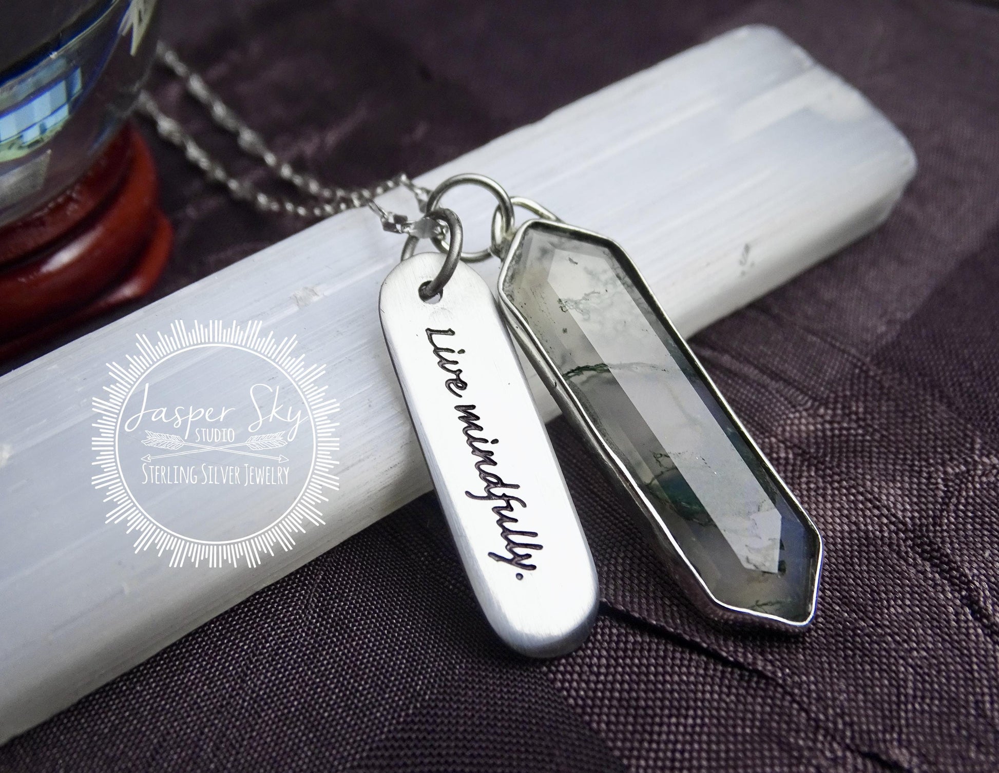 Moss Agate Pendant Hexagon, Sterling Silver Personalized “Live Mindfully” Charm Necklace