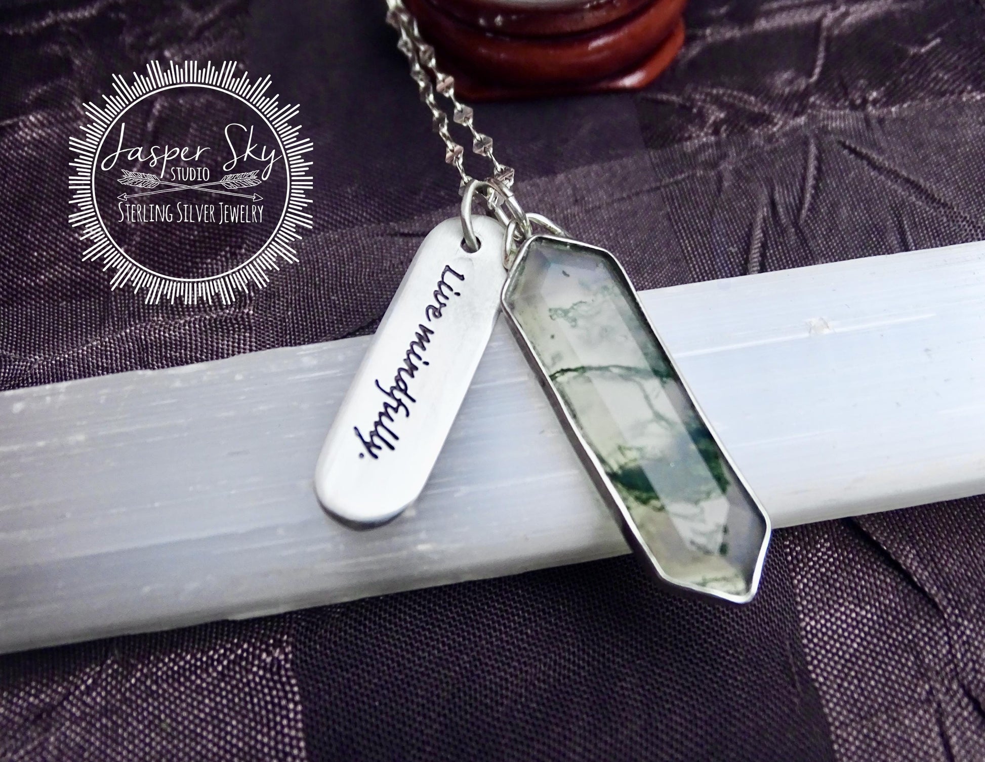 Moss Agate Pendant Hexagon, Sterling Silver Personalized “Live Mindfully” Charm Necklace