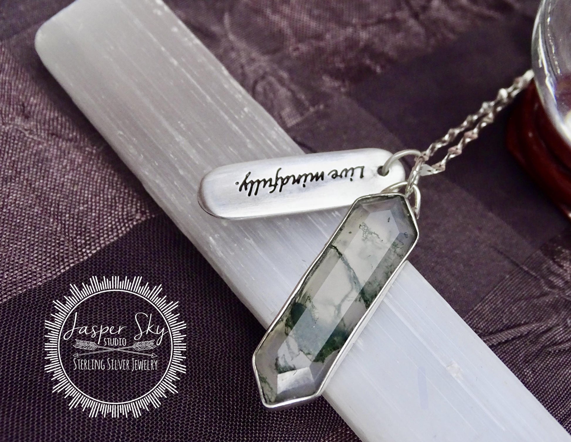 Moss Agate Pendant Hexagon, Sterling Silver Personalized “Live Mindfully” Charm Necklace