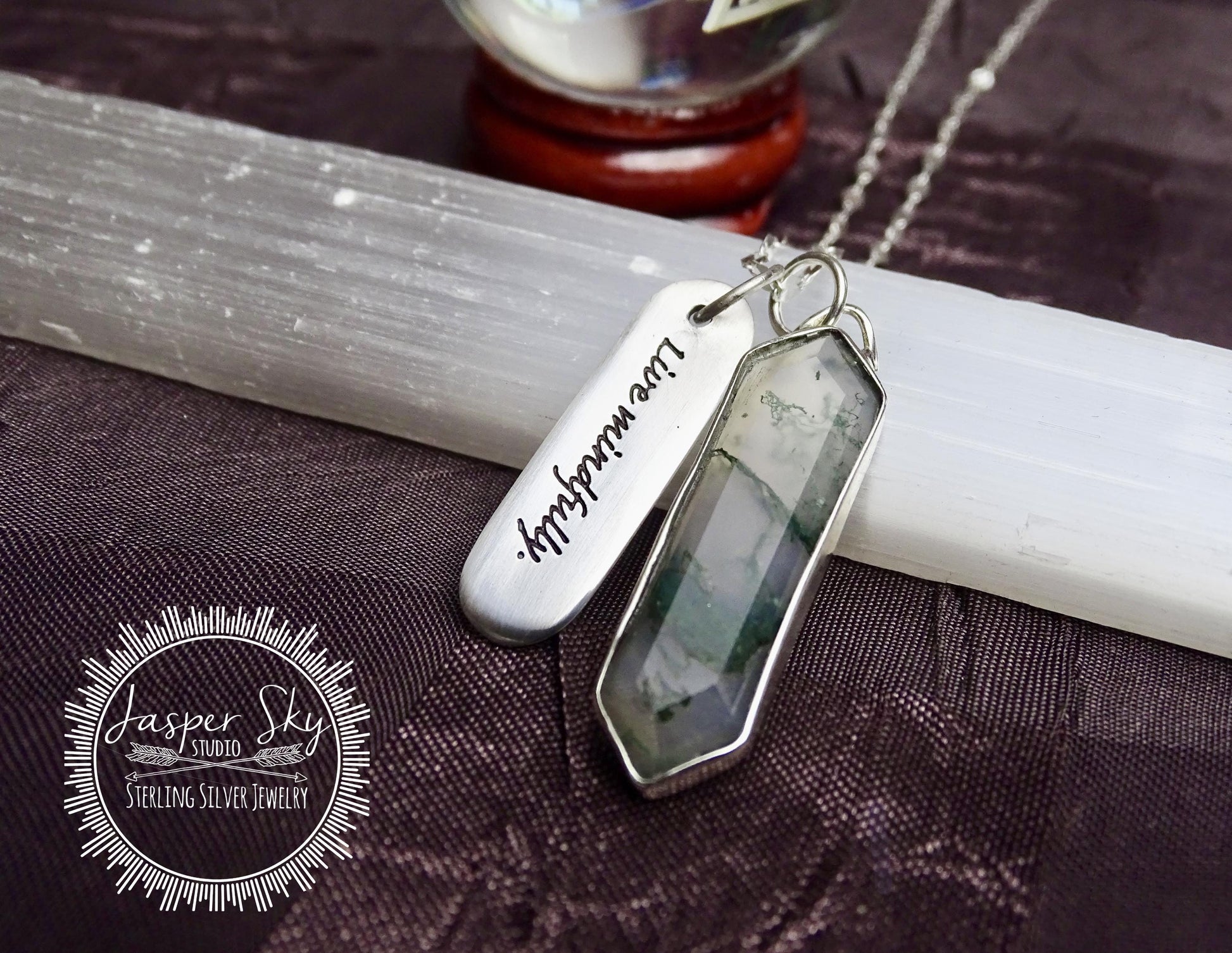 Moss Agate Pendant Hexagon, Sterling Silver Personalized “Live Mindfully” Charm Necklace