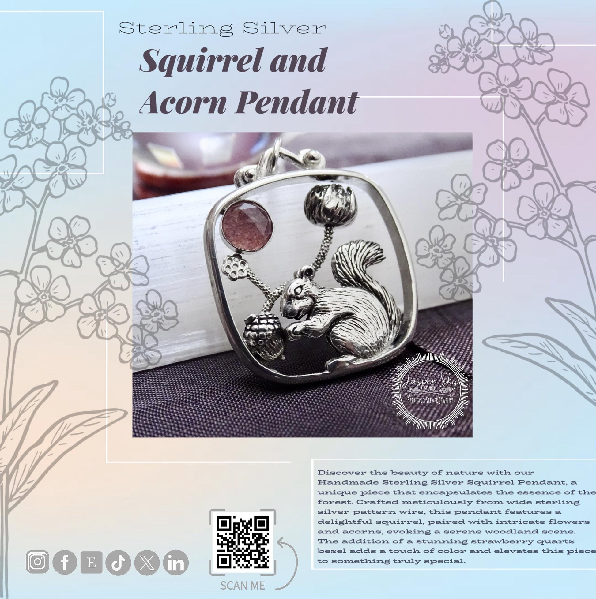 Squirrel Pendant with Flower and Acorn, Sterling Silver Nature Jewelry with Strawberry Quartz Bezel,