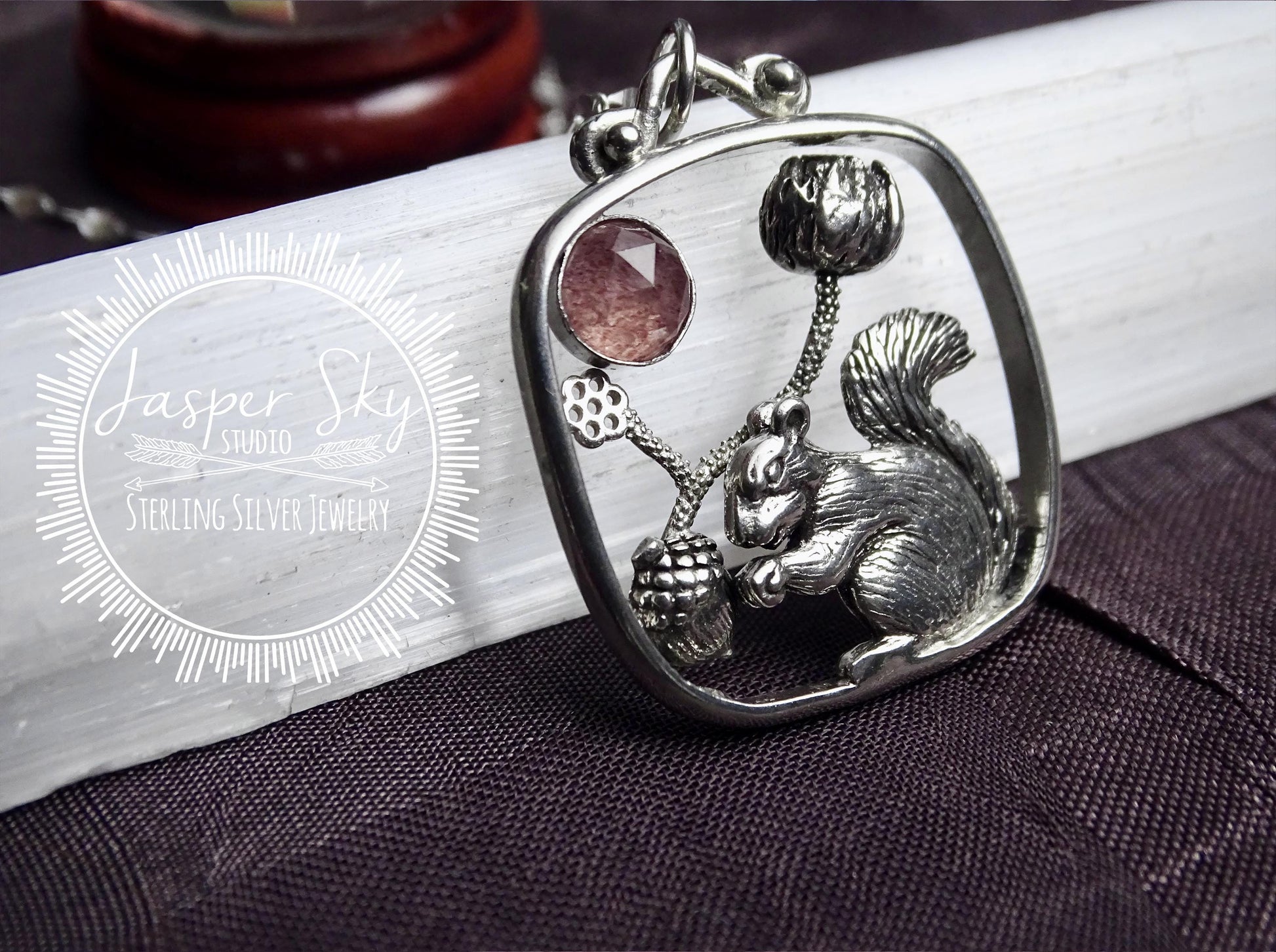 Squirrel Pendant with Flower and Acorn, Sterling Silver Nature Jewelry with Strawberry Quartz Bezel,