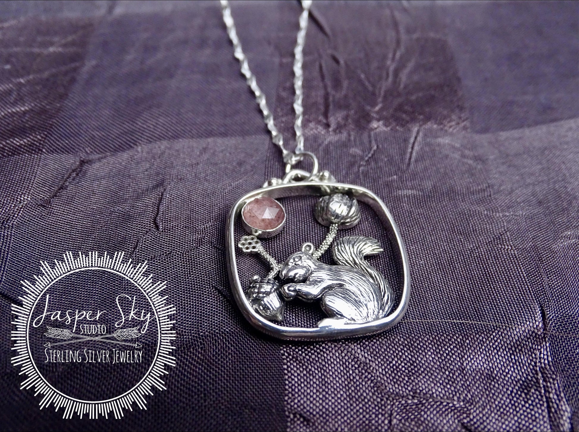 Squirrel Pendant with Flower and Acorn, Sterling Silver Nature Jewelry with Strawberry Quartz Bezel,