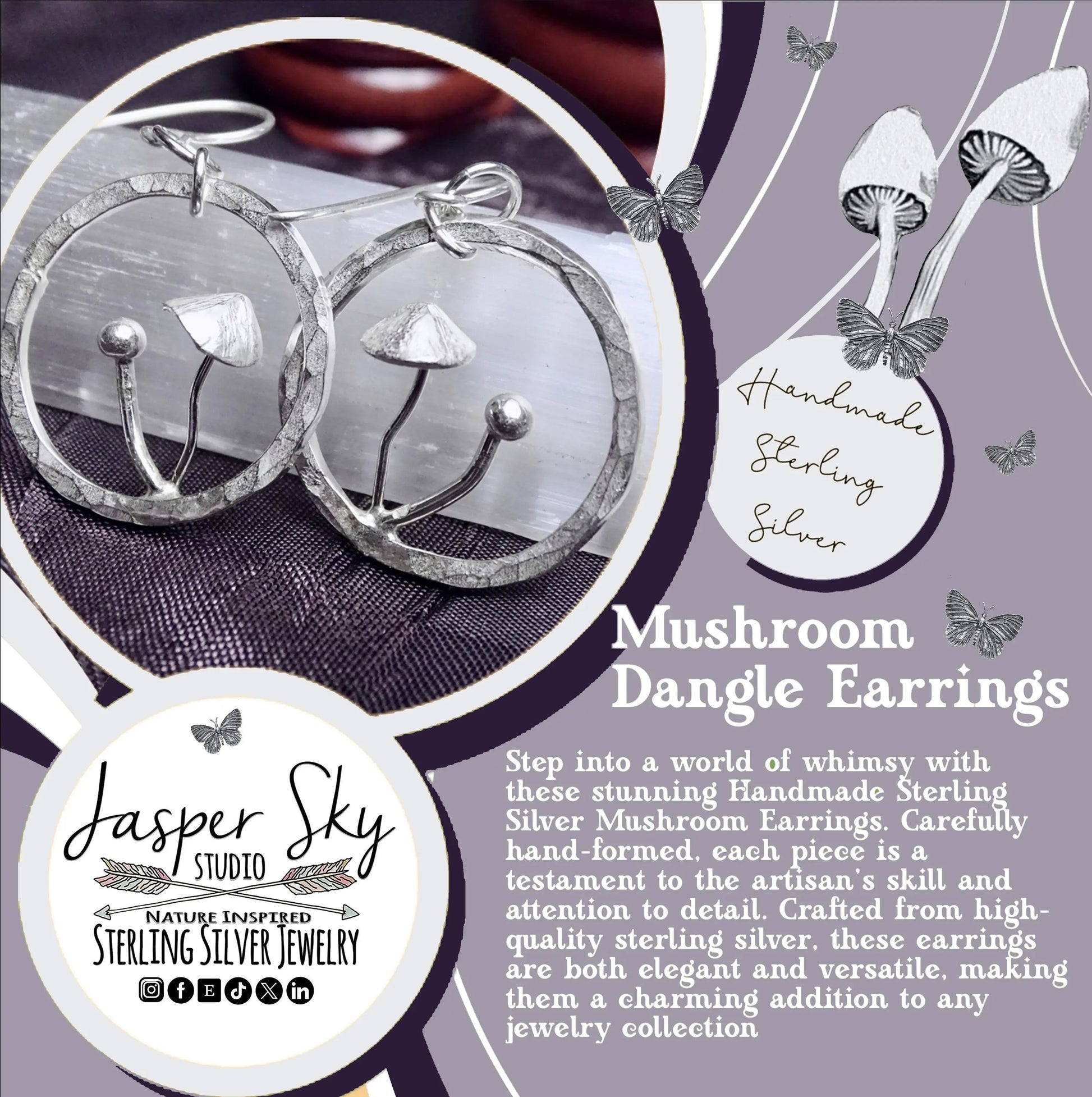 Mushroom Dangle Earrings, Handmade Sterling Silver Nature-Inspired Jewelry, Perfect for Unique Boho Gifts