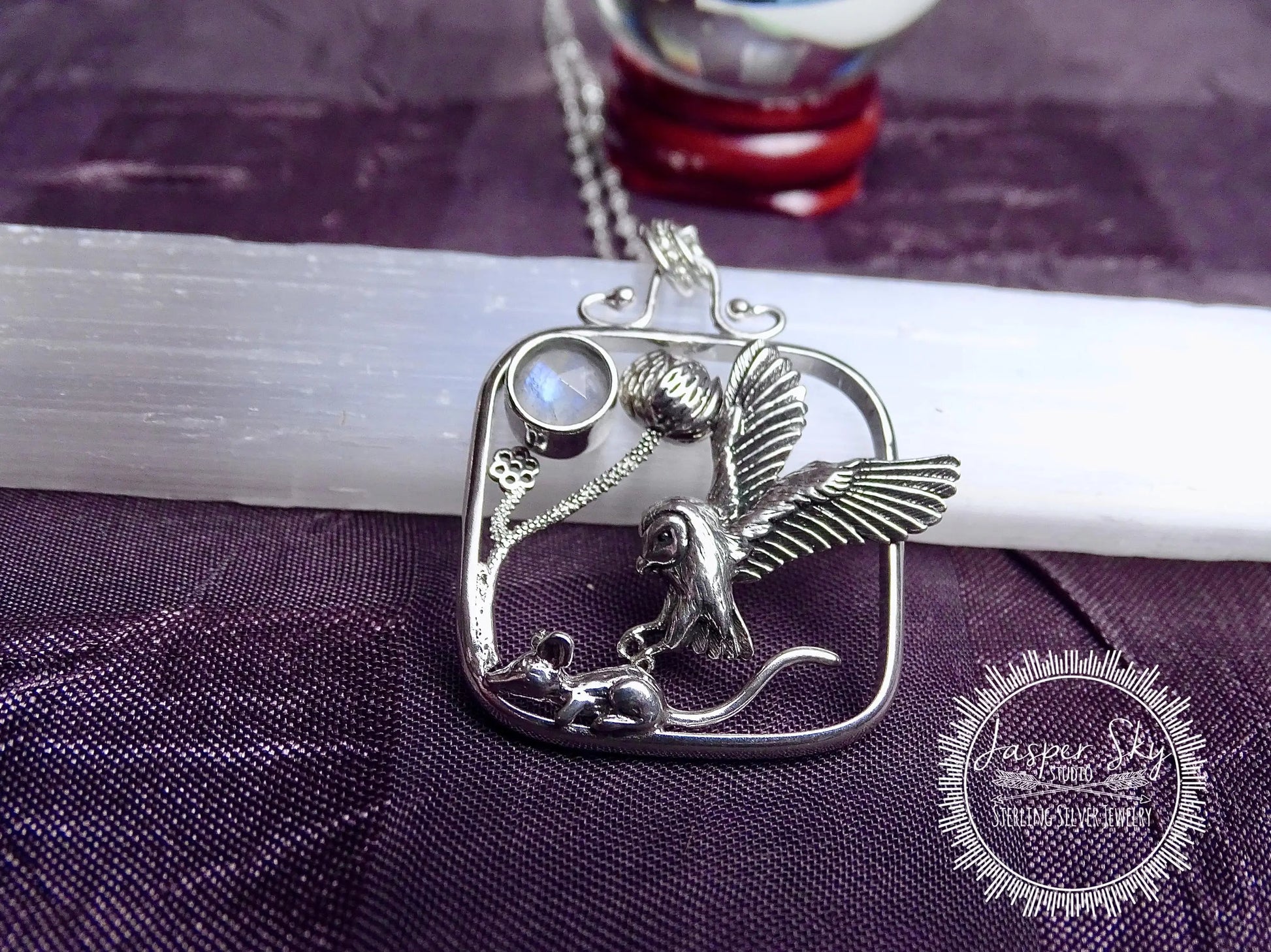 Owl and Mouse Pendant, Handcrafted Sterling Silver Square Setting, Nature Lovers Gift, Wildlife Jewelry for Special Occasions