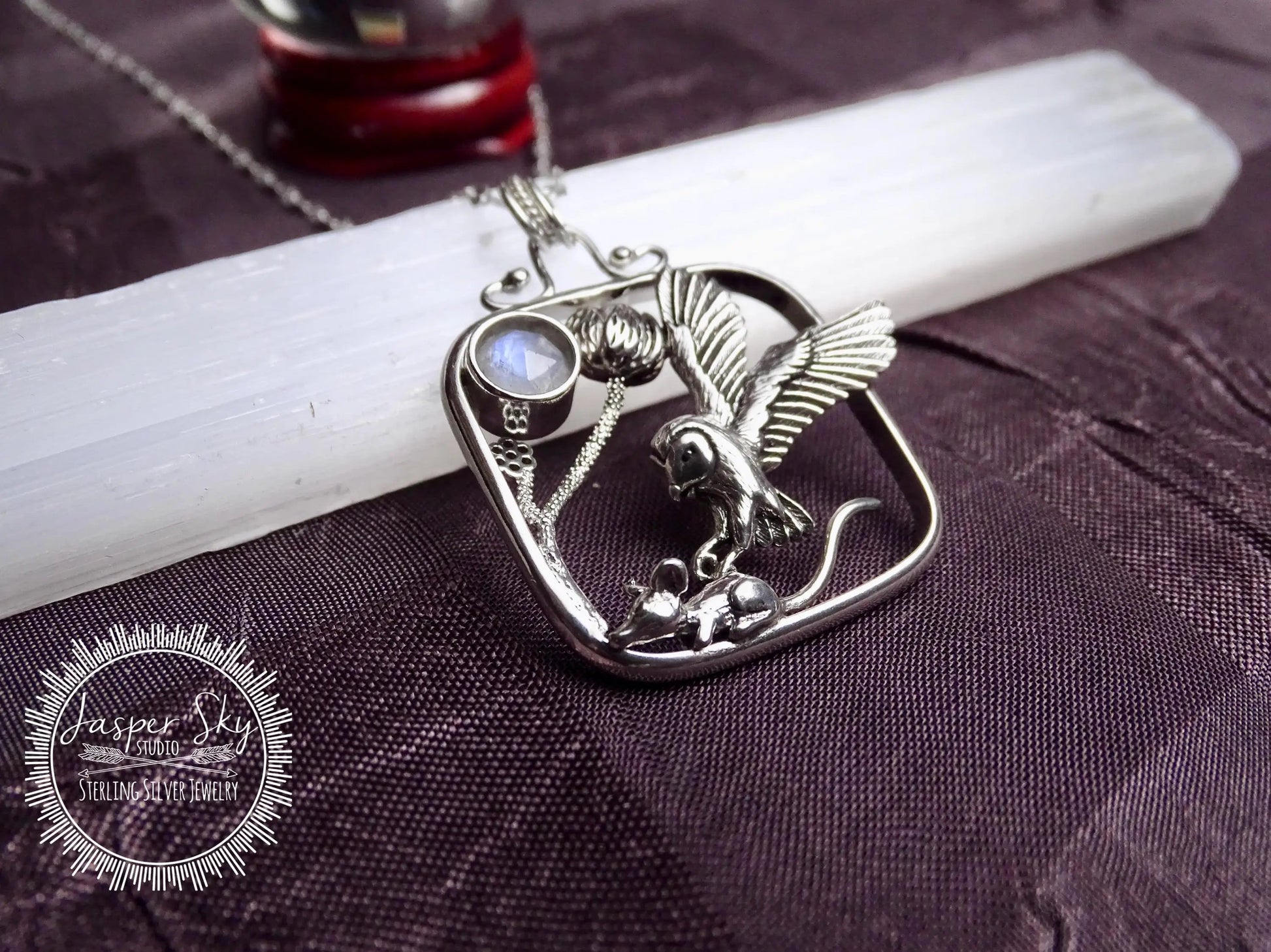 Owl and Mouse Pendant, Handcrafted Sterling Silver Square Setting, Nature Lovers Gift, Wildlife Jewelry for Special Occasions